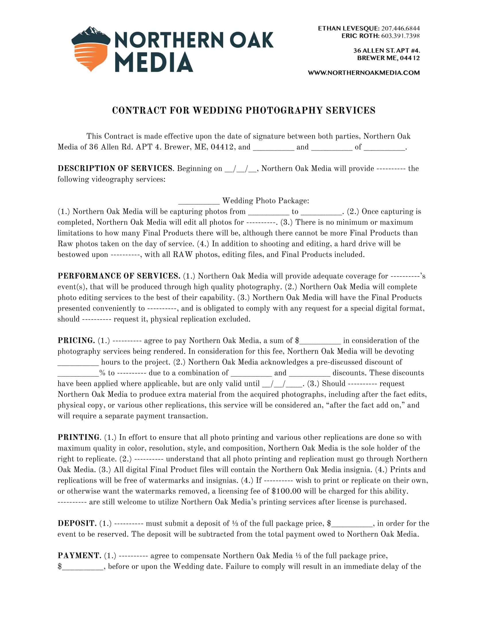 Printable Fillable Wedding Photography Contract Printable Fillable Wedding Photography Contract