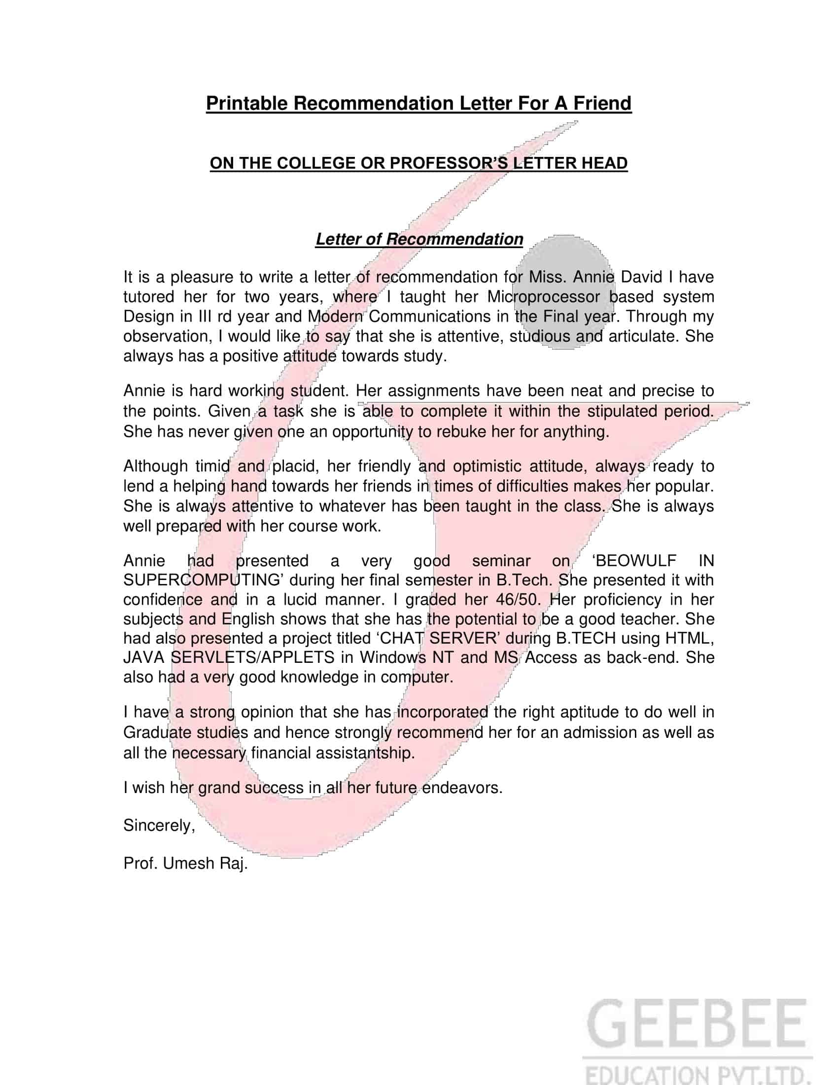 Printable Letter of Recommendation For A Friend Template Printable Letter of Recommendation For A Friend Template