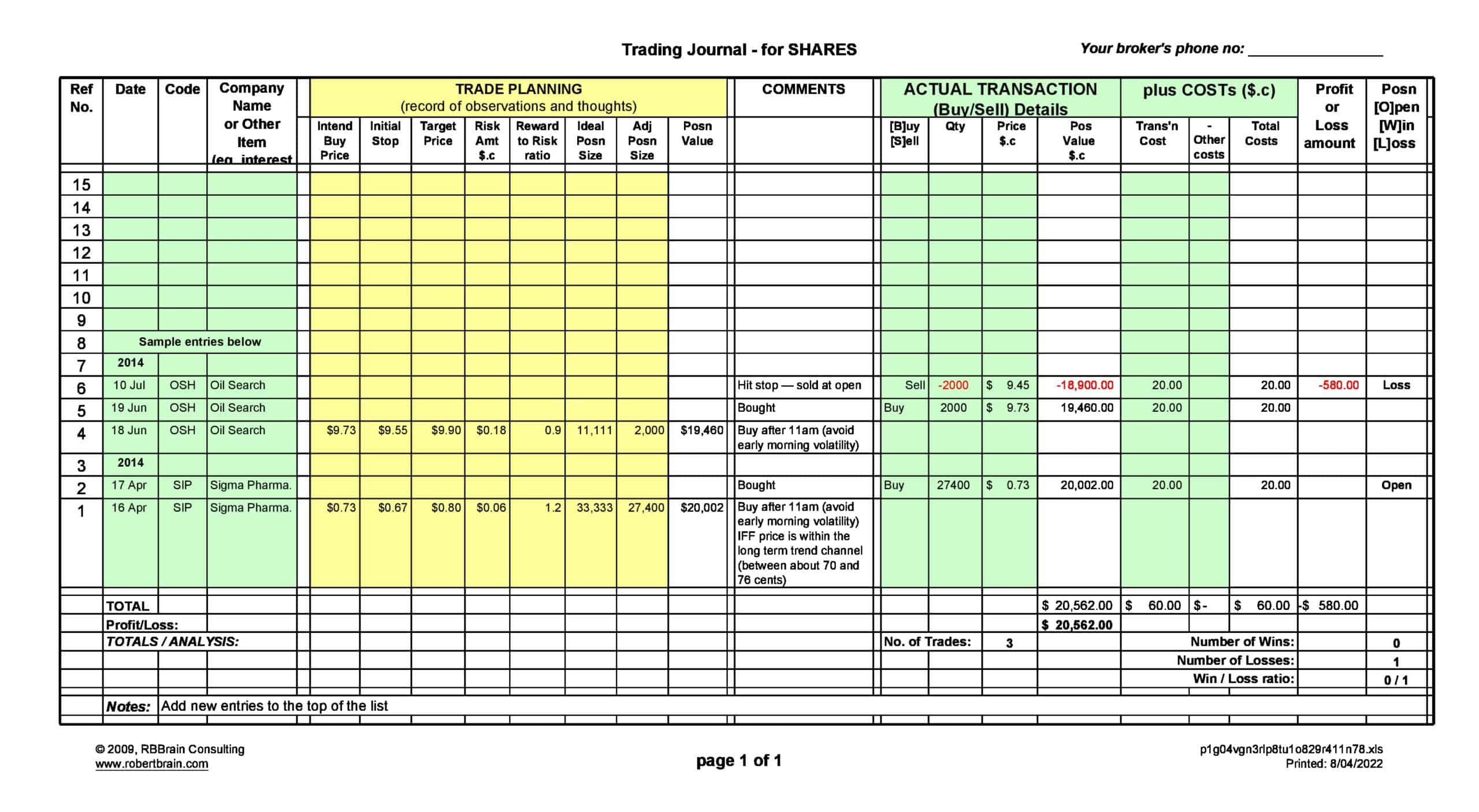 Printable Trading Journal in Excel Printable Trading Journal in Excel