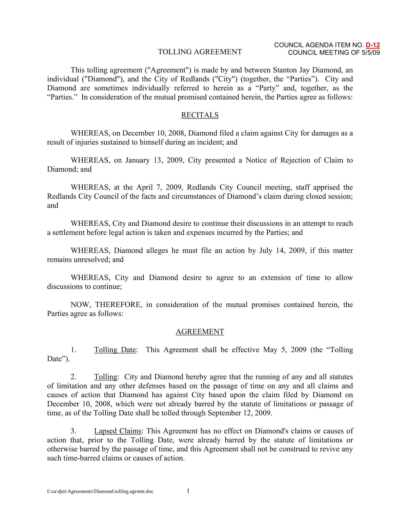 Printable Word Tolling Agreement Printable Word Tolling Agreement