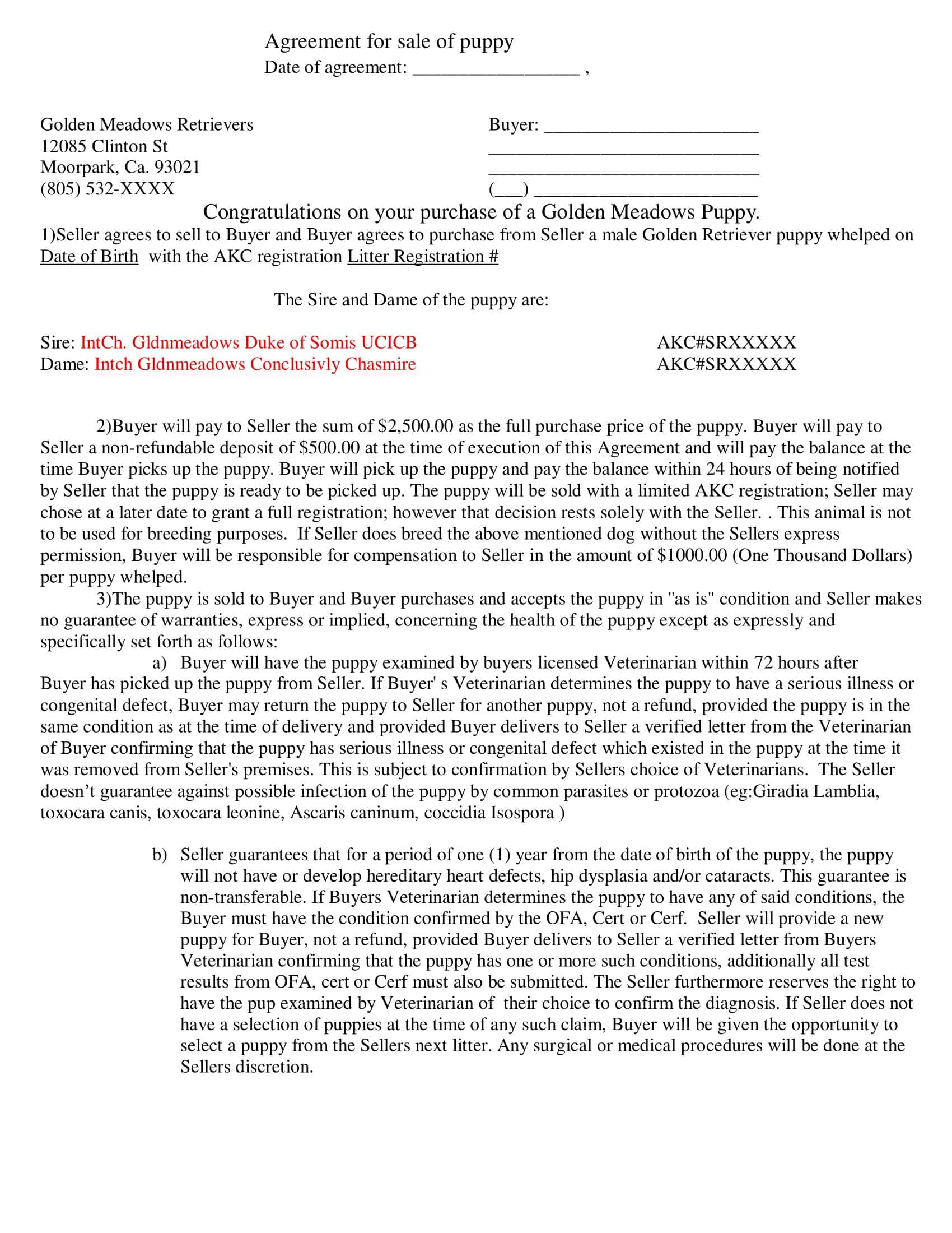 Puppy Bill of Sale Template Puppy Bill of Sale Template