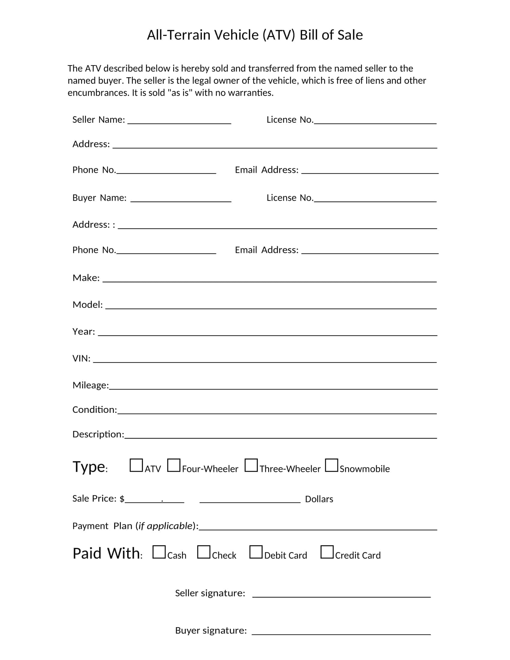 Sample ATV Bill of Sale Sample ATV Bill of Sale