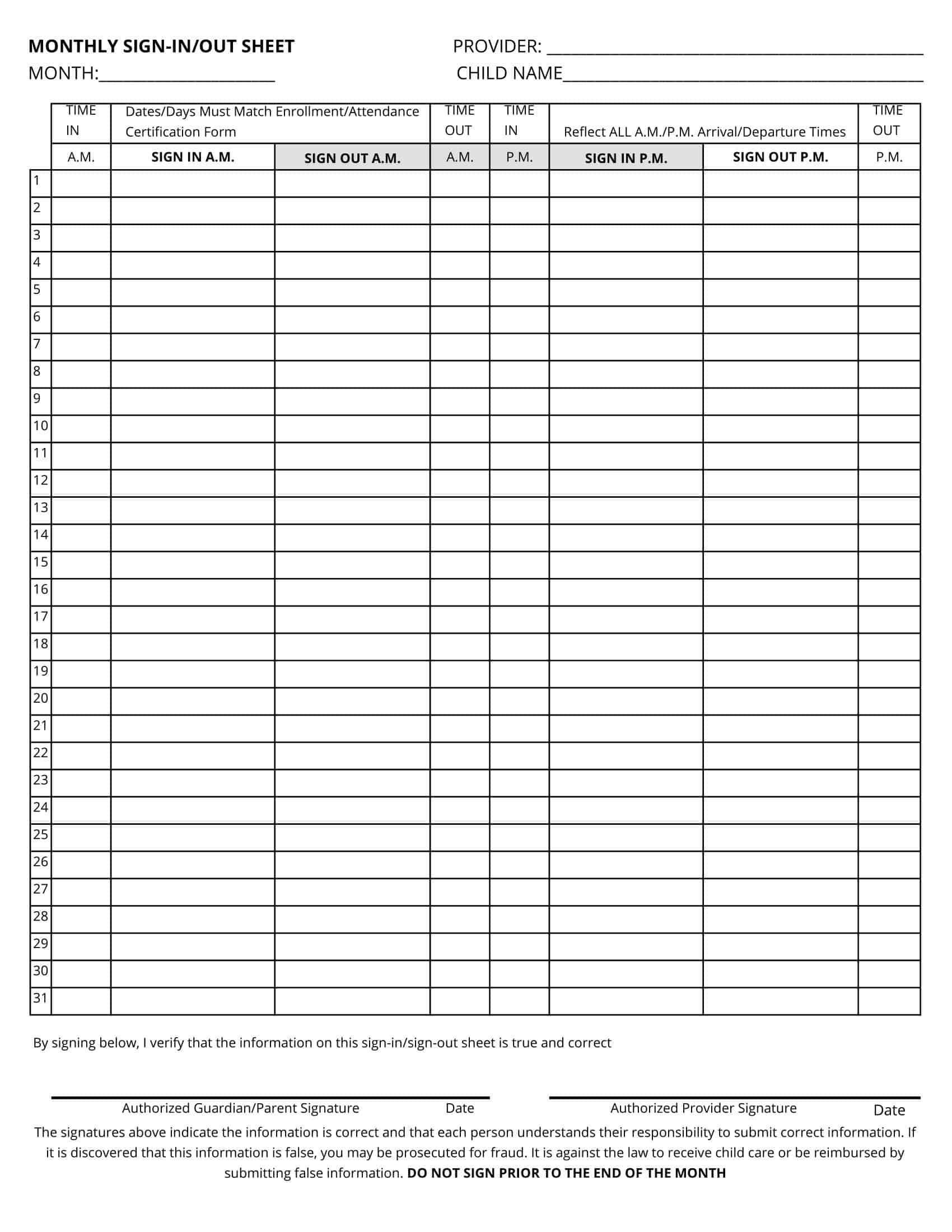Free Printable Sign In And Out Sheet Templates [PDF, Word, Excel]