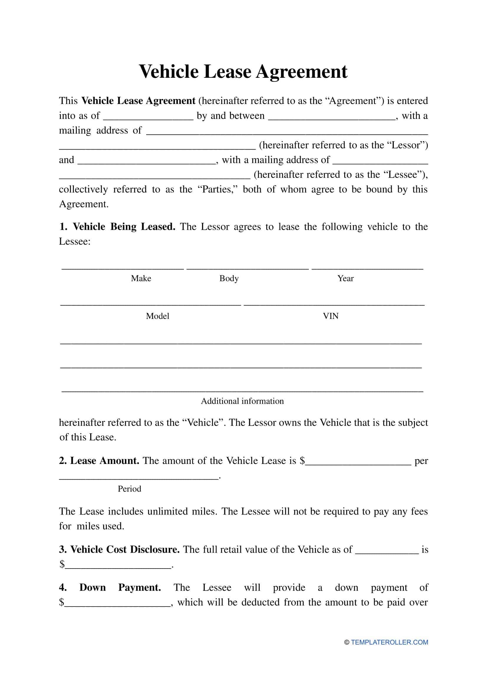 Sample Fillable Vehicle Lease Agreement Sample Fillable Vehicle Lease Agreement