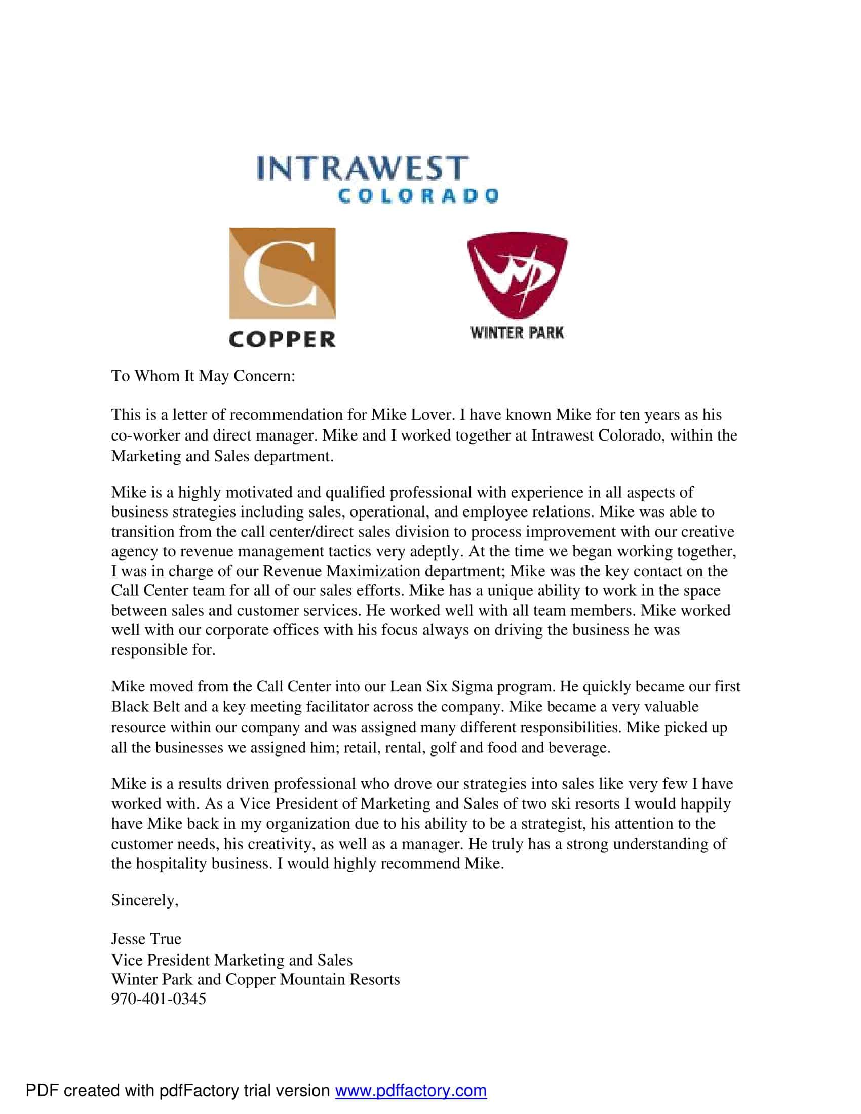 Sample Letter of Recommendation for Coworker Sample Letter of Recommendation for Coworker