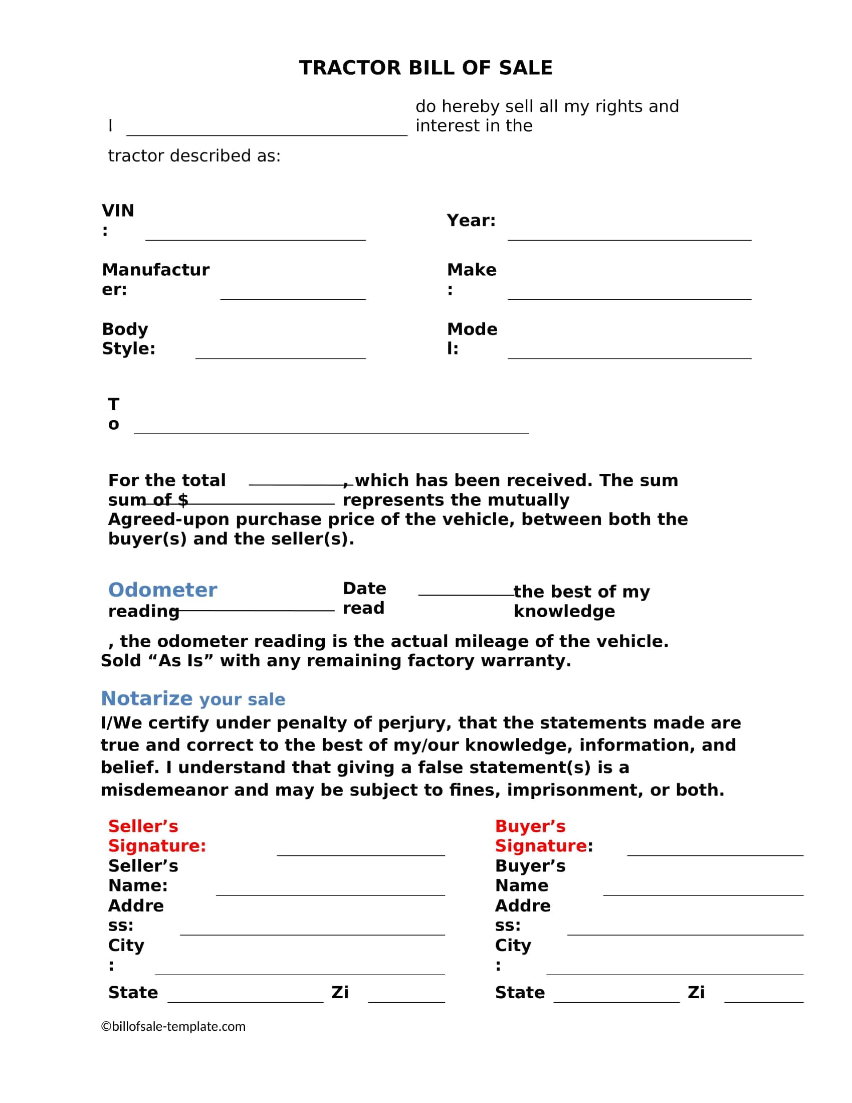 Sample Tractor Bill of Sale Sample Tractor Bill of Sale