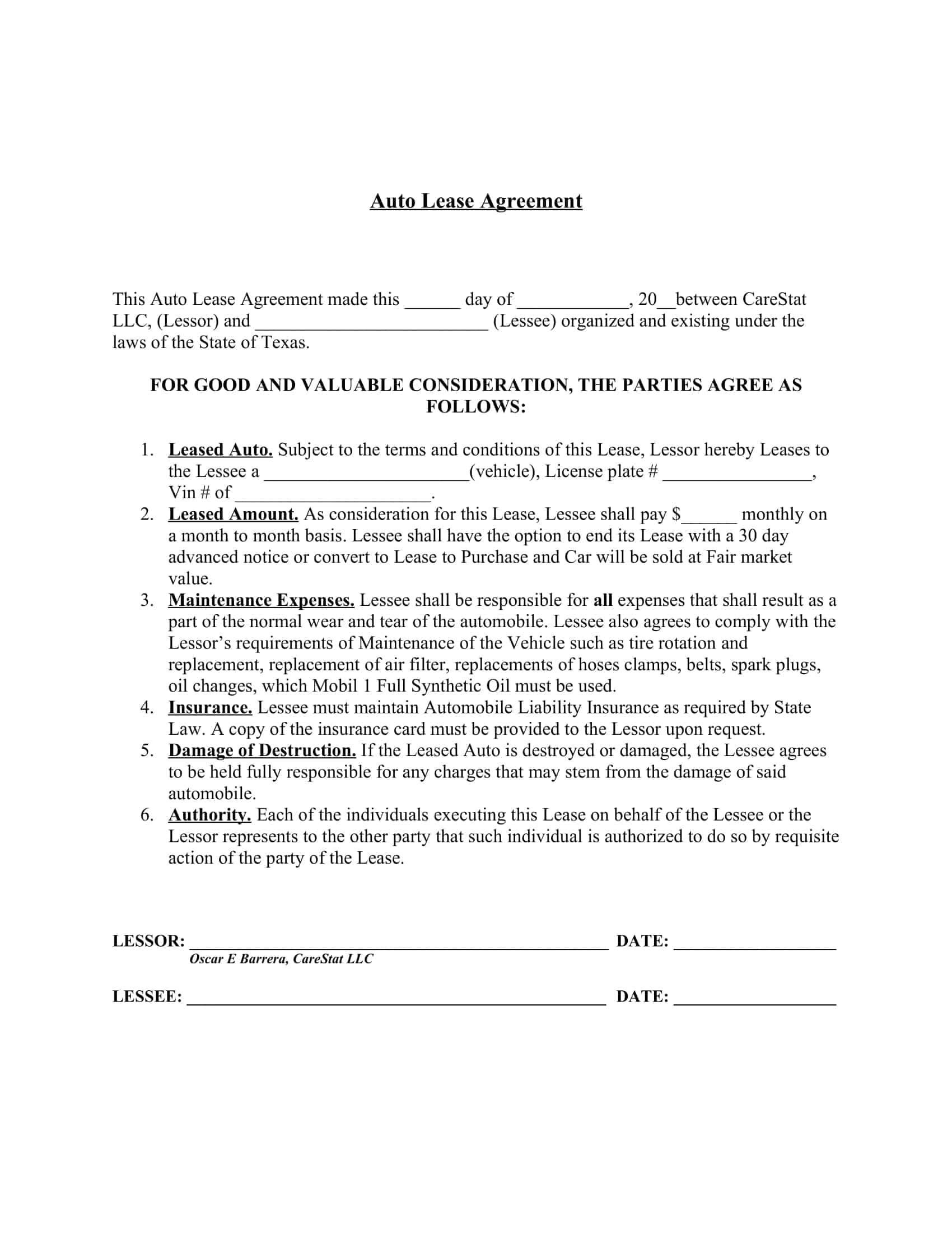 Sample Vehicle Lease Agreement Sample Vehicle Lease Agreement