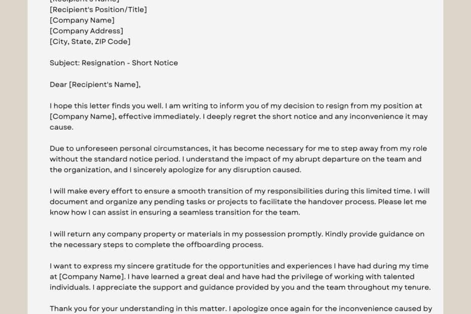 Short Notice Resignation Letter