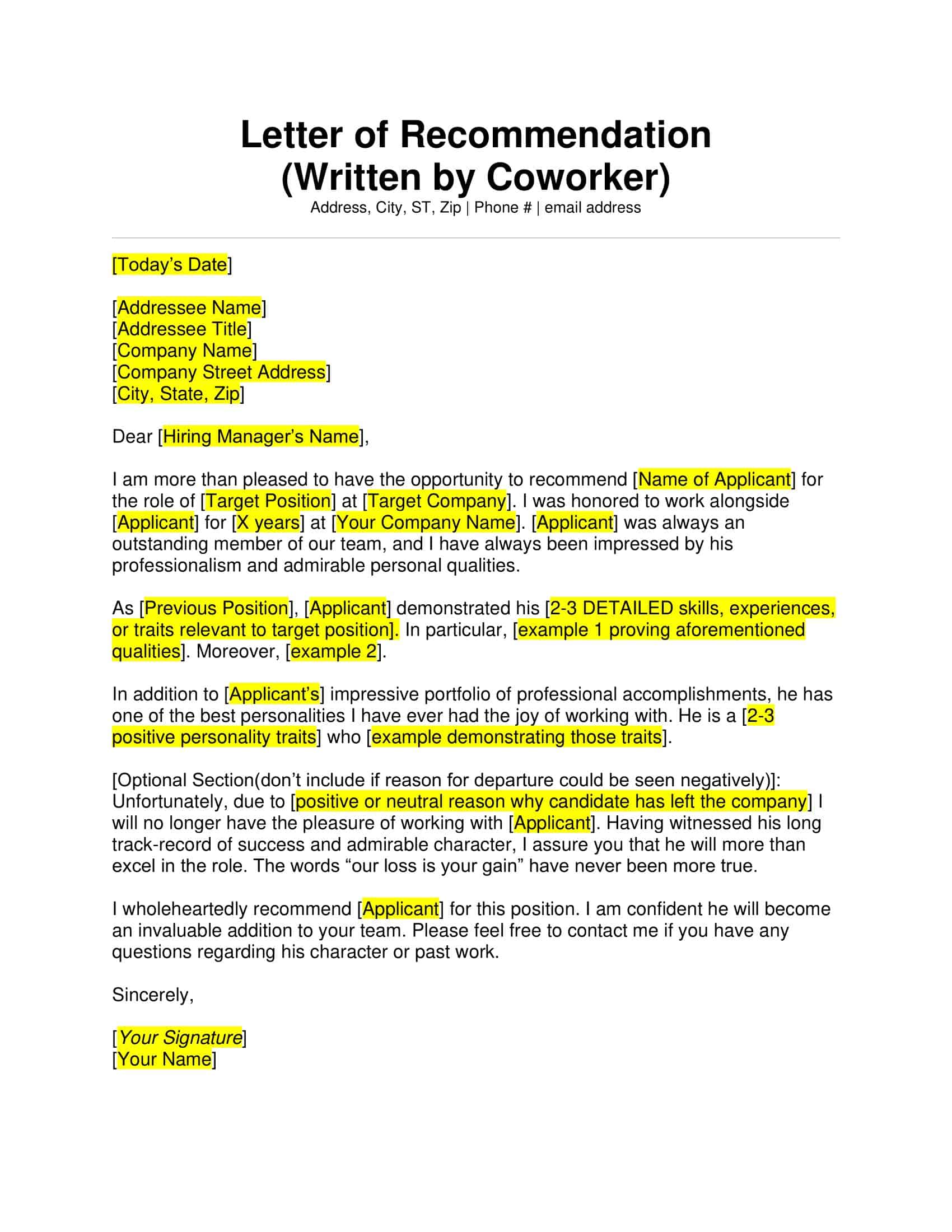 Template Download Letter of Recommendation for Coworker Template Download Letter of Recommendation for Coworker