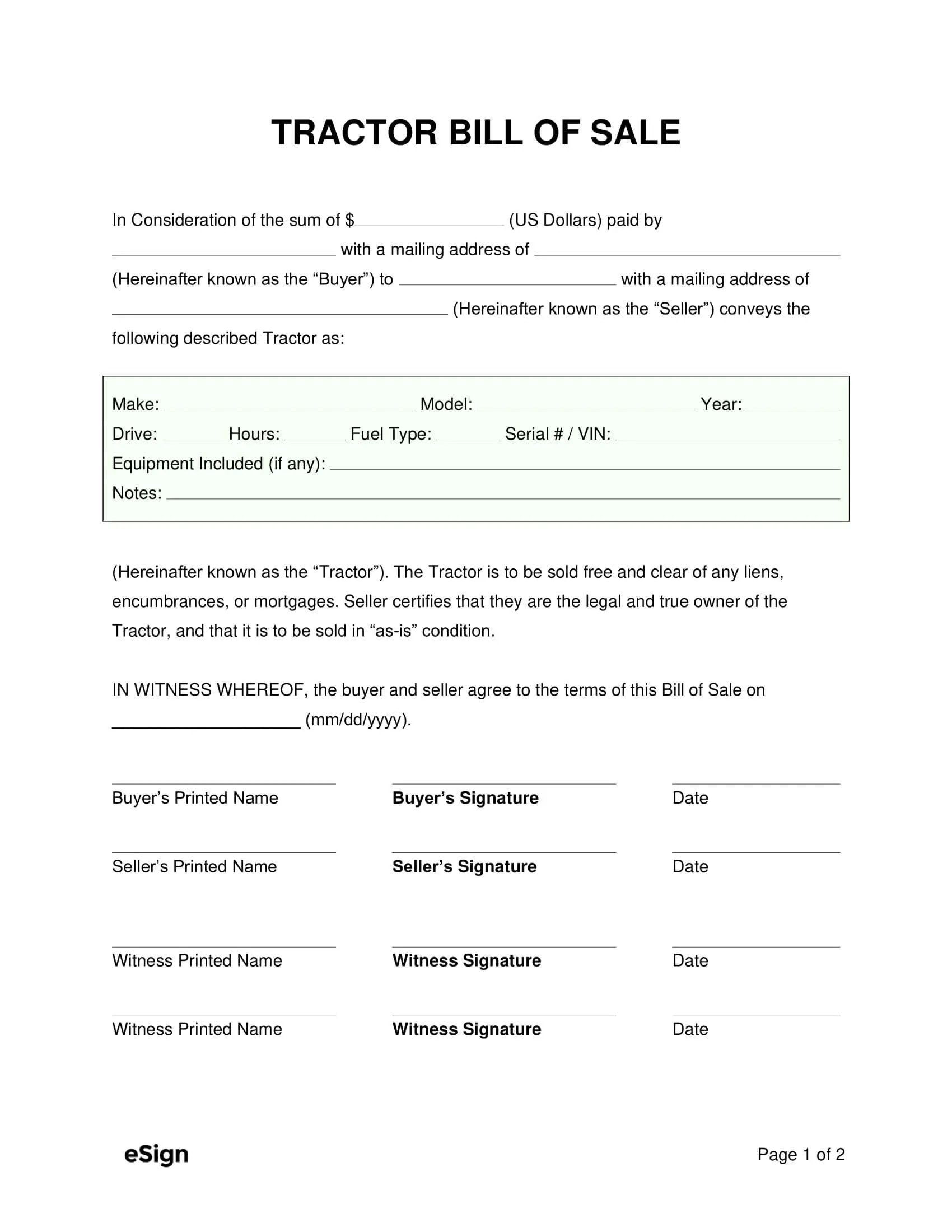 Tractor Bill of Sale Printable Template Tractor Bill of Sale Printable Template