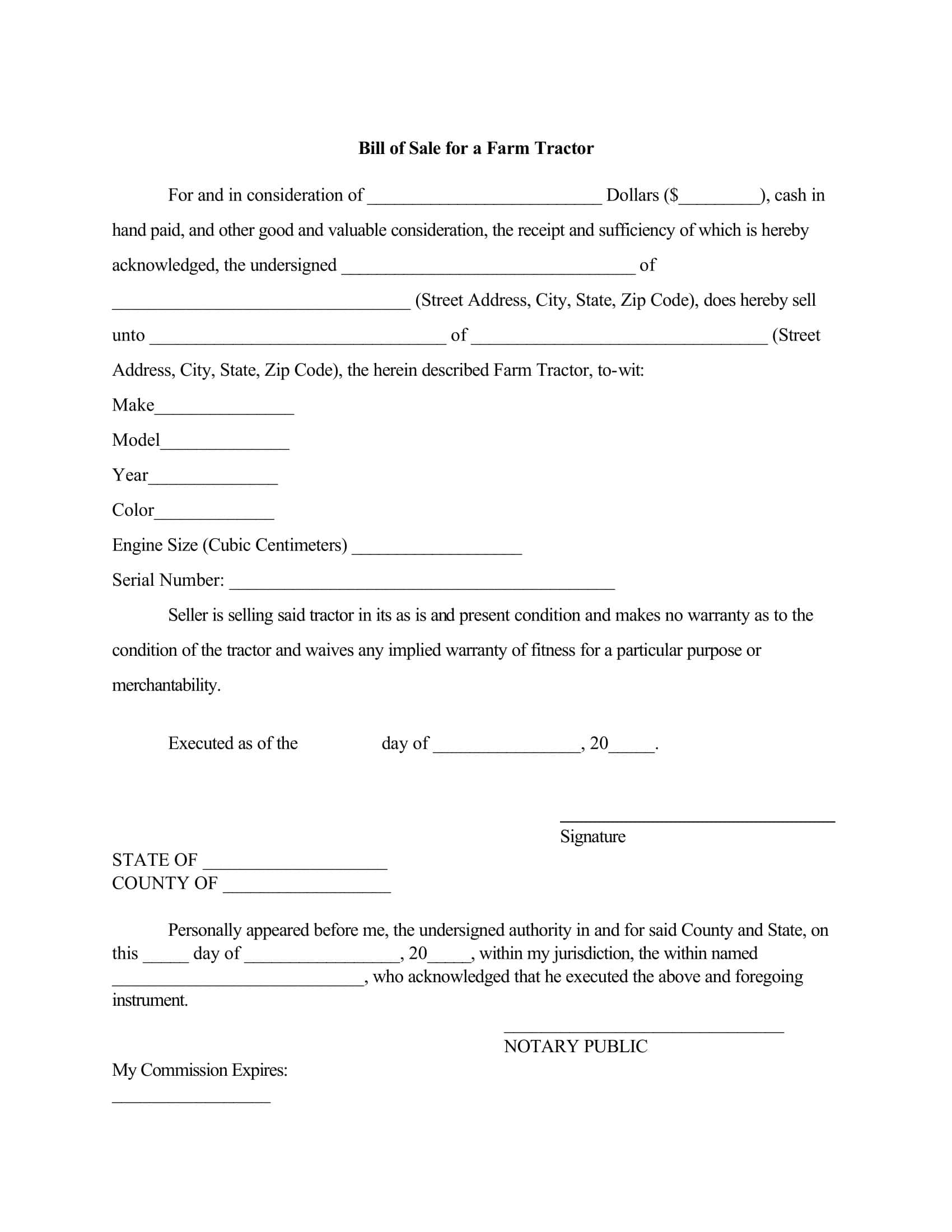 Tractor Bill of Sale in Word Format Tractor Bill of Sale in Word Format