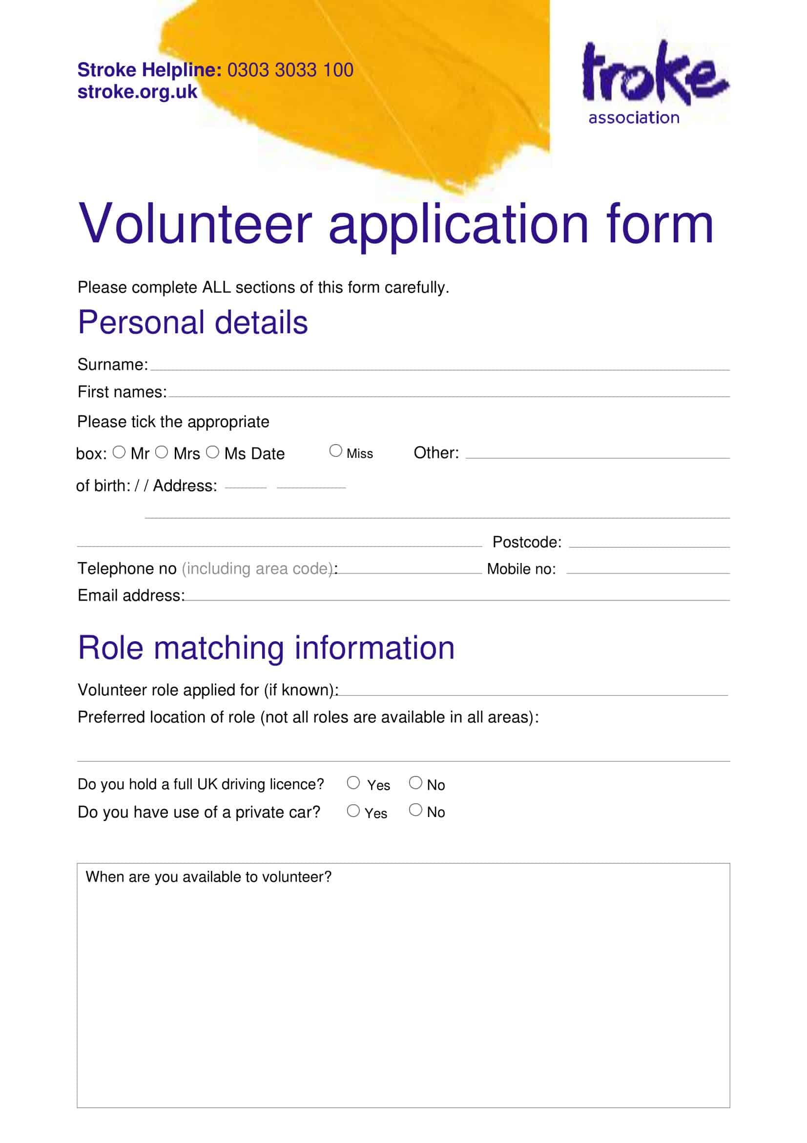 Free Printable Volunteer Application Templates Word PDF Non Profit Form