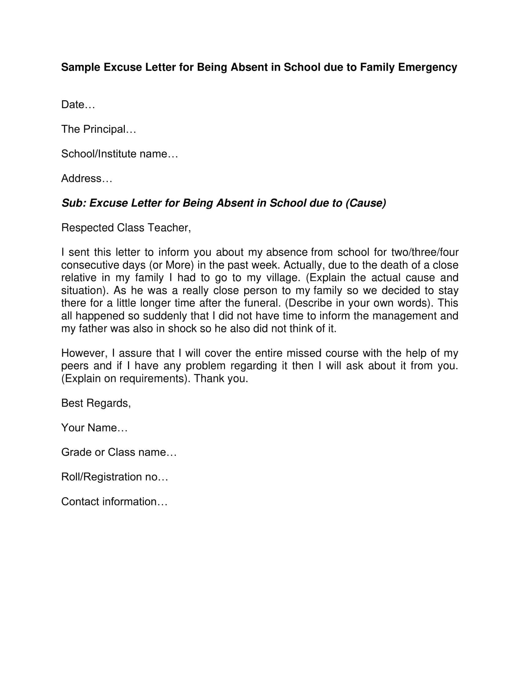 Free Printable Excuse Letter Templates Word PDF Formal School Work