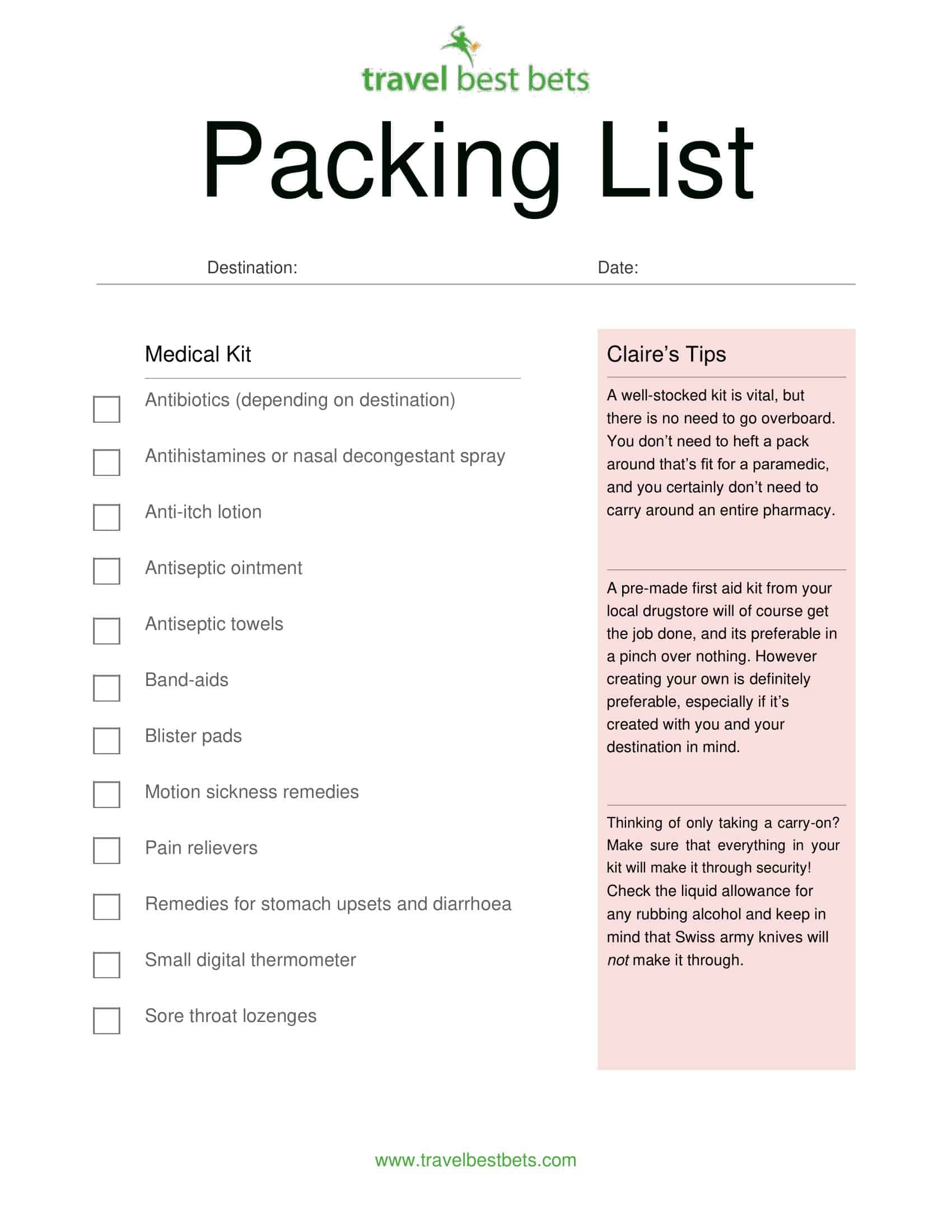 Word Packing List Example Word Packing List Example