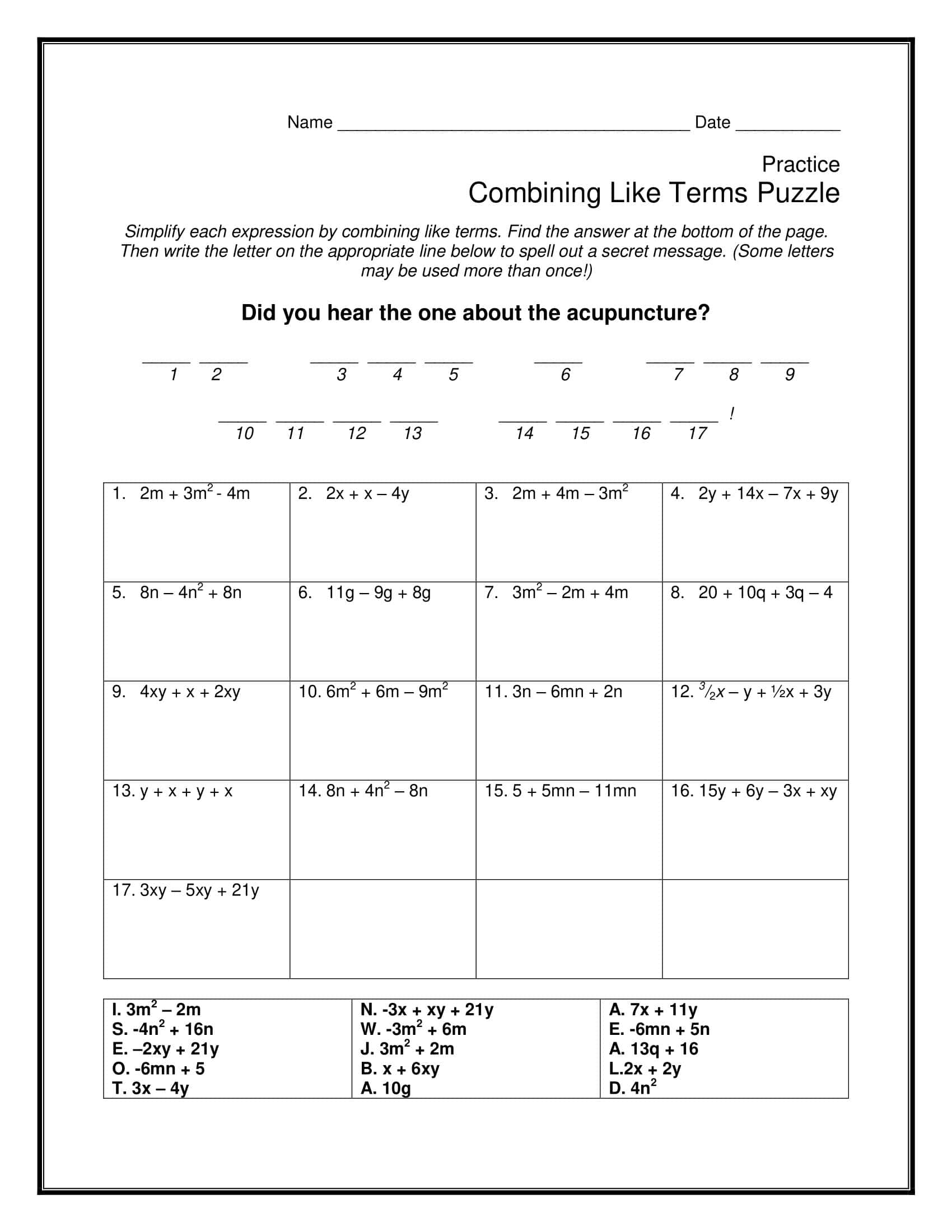 Free Printable Combining Like Terms Worksheets [PDF] Answers