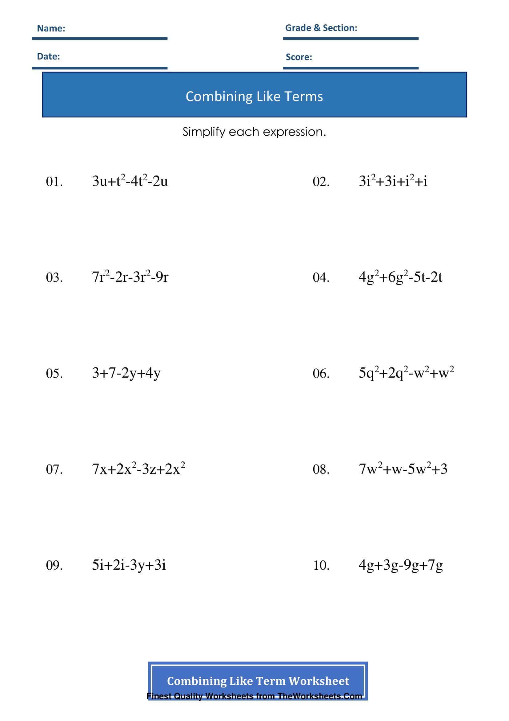Free Printable Combining Like Terms Worksheets [PDF] Answers