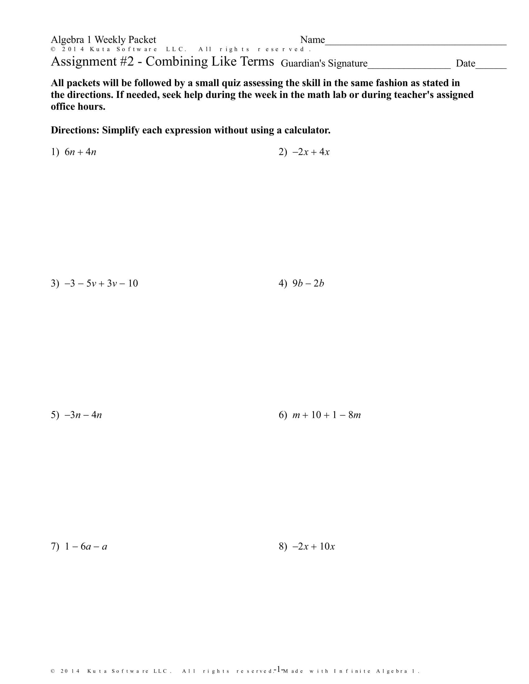 Free Printable Combining Like Terms Worksheets PDF Answers Free Printable Combining Like Terms Worksheets PDF Answers