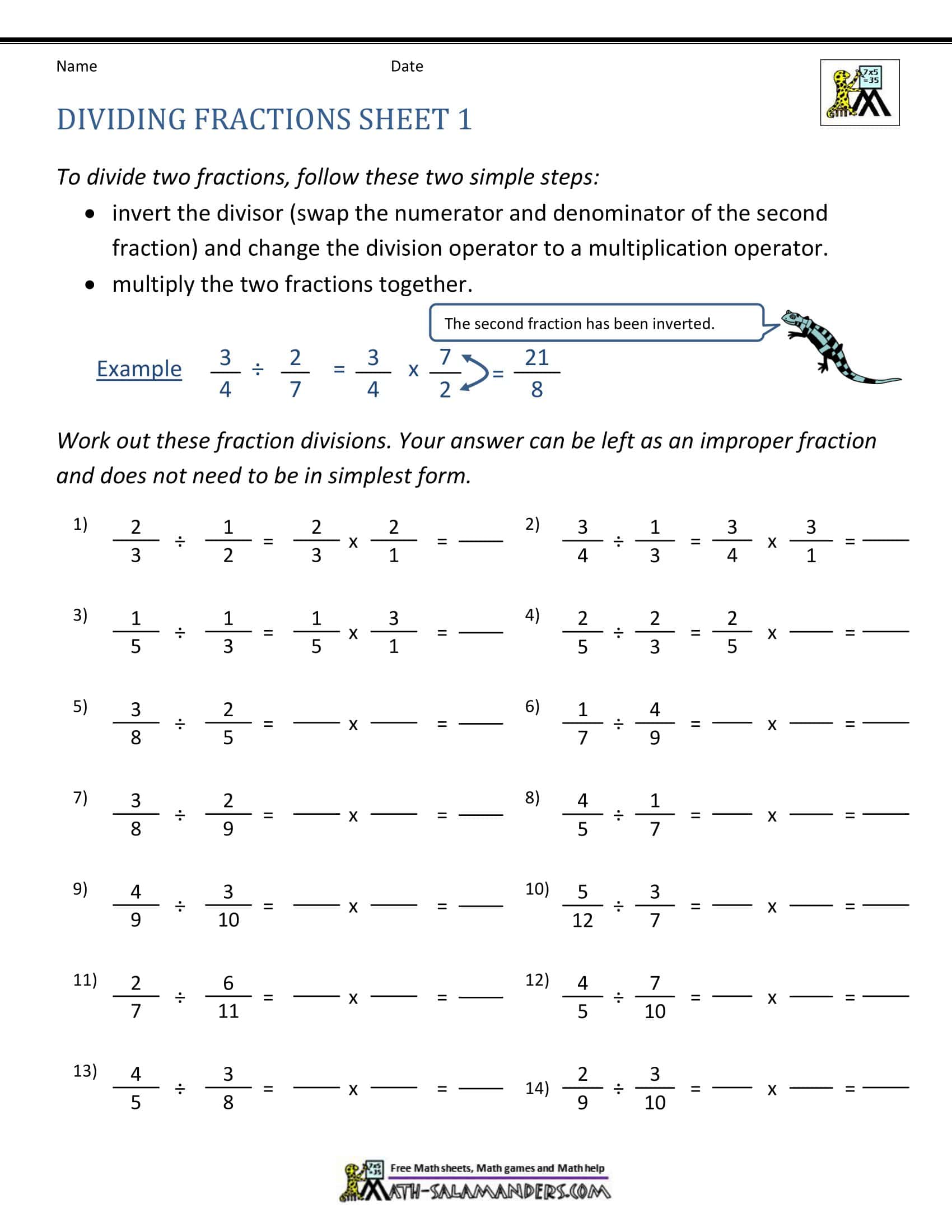 Free Printable Dividing Fractions Worksheet [PDF] With Answers