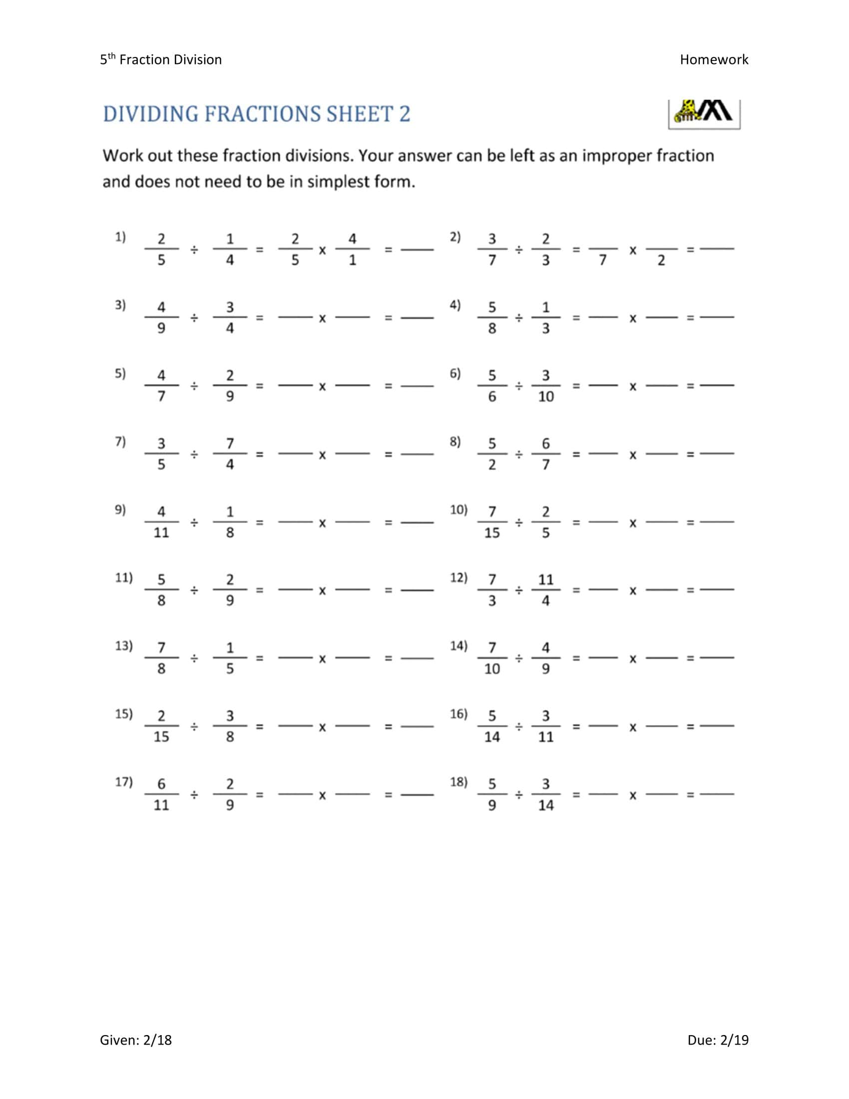Free Printable Dividing Fractions Worksheet [PDF] With Answers