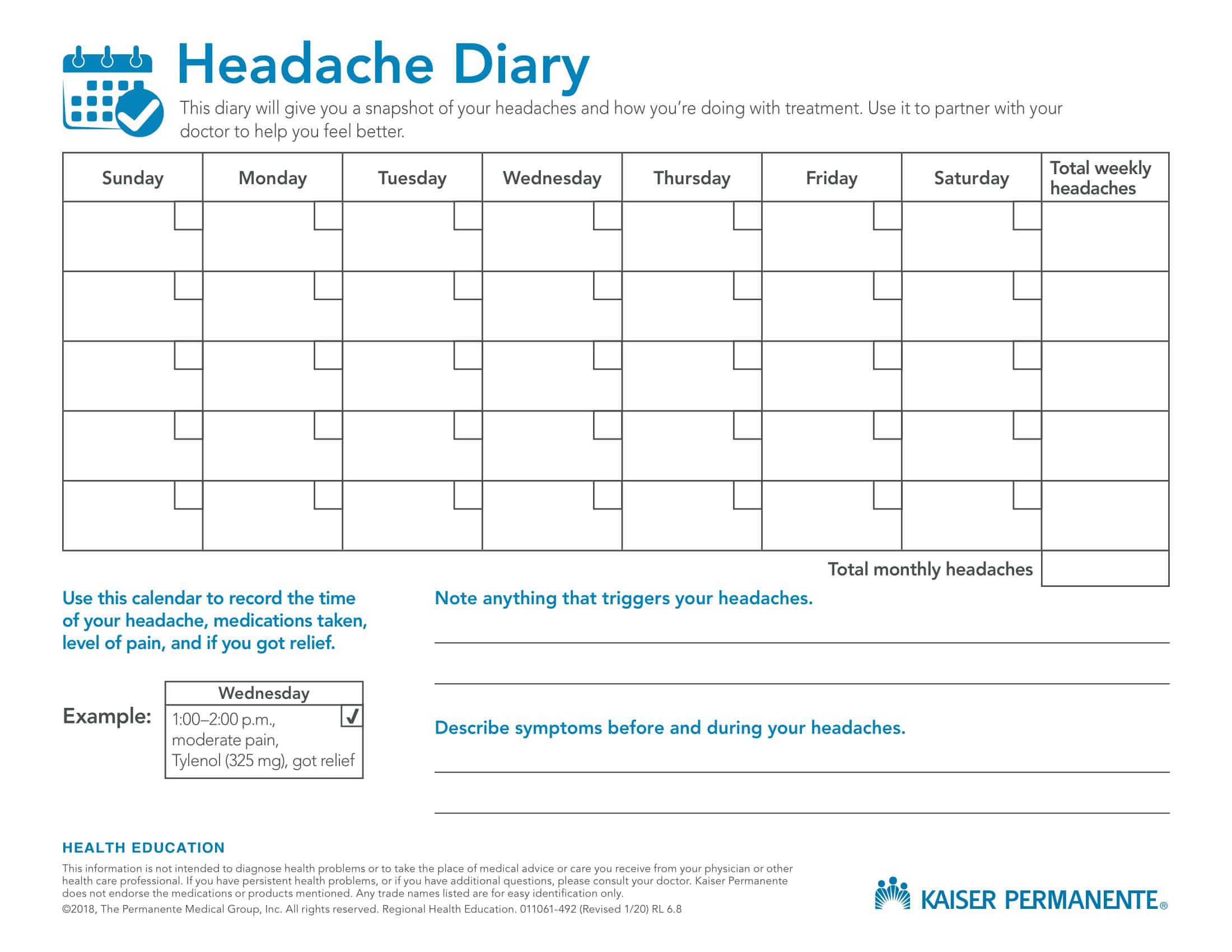 45 Free Printable Headache Diary Templates PDF Excel 45 Free Printable Headache Diary Templates PDF Excel