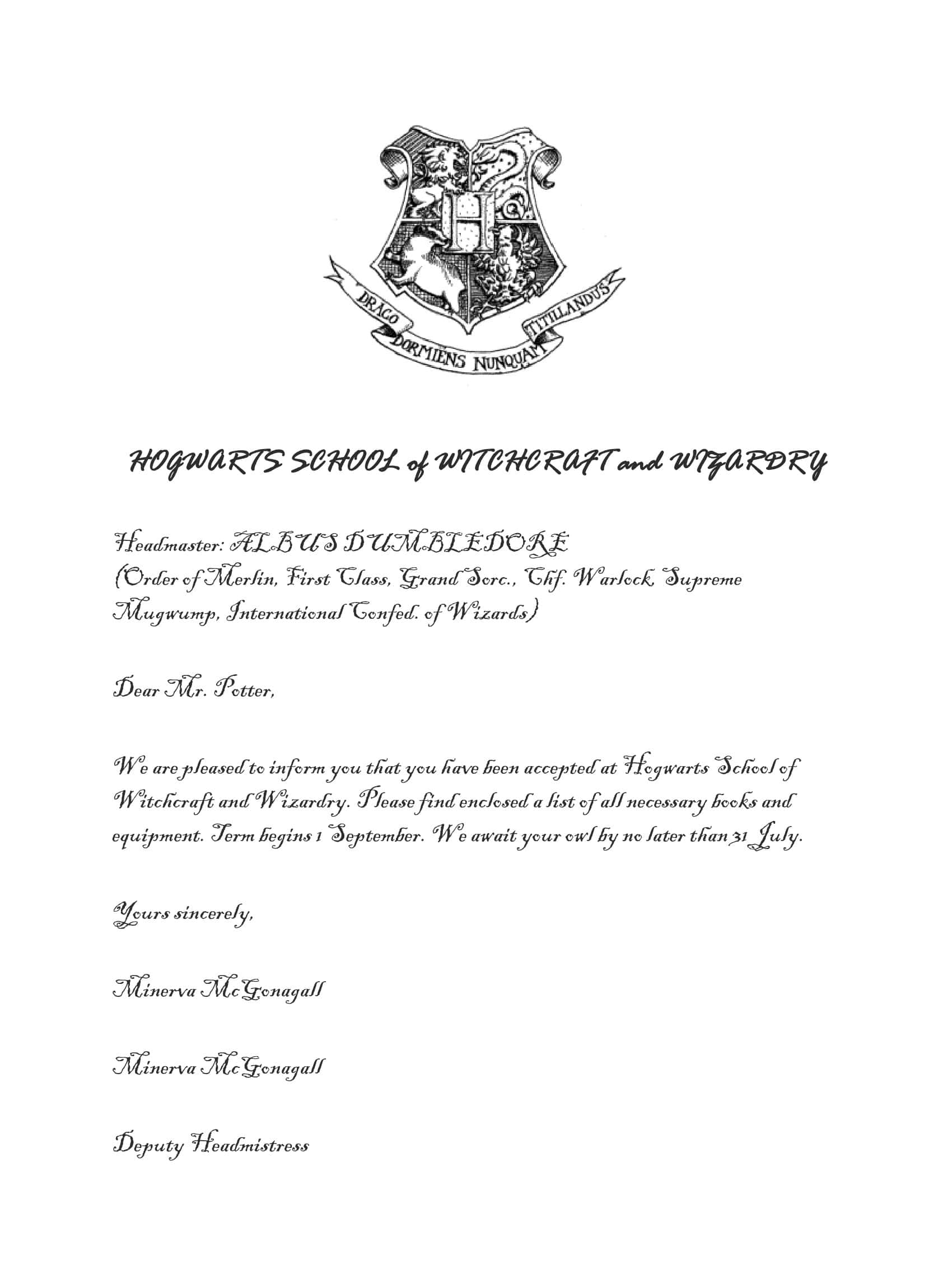 Free Printable Harry Potter Hogwarts Acceptance Letter Templates [PDF