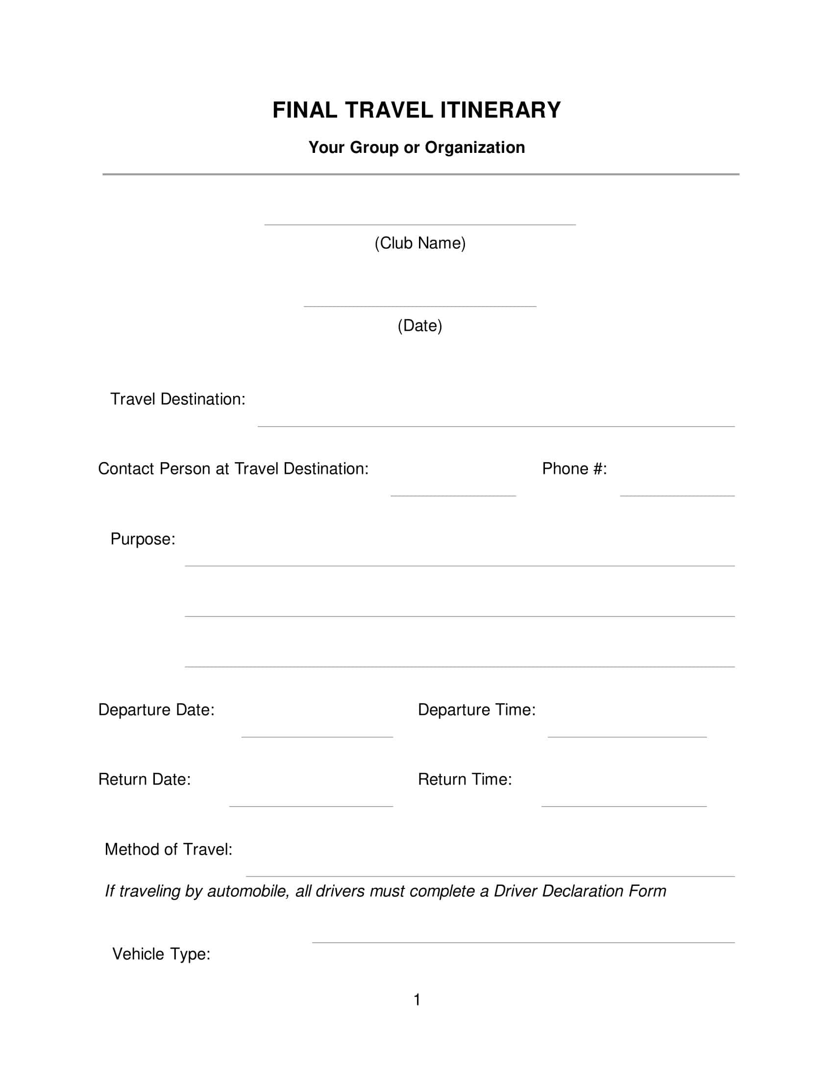 Free Printable Travel Itinerary Templates [Word, Excel] Executives