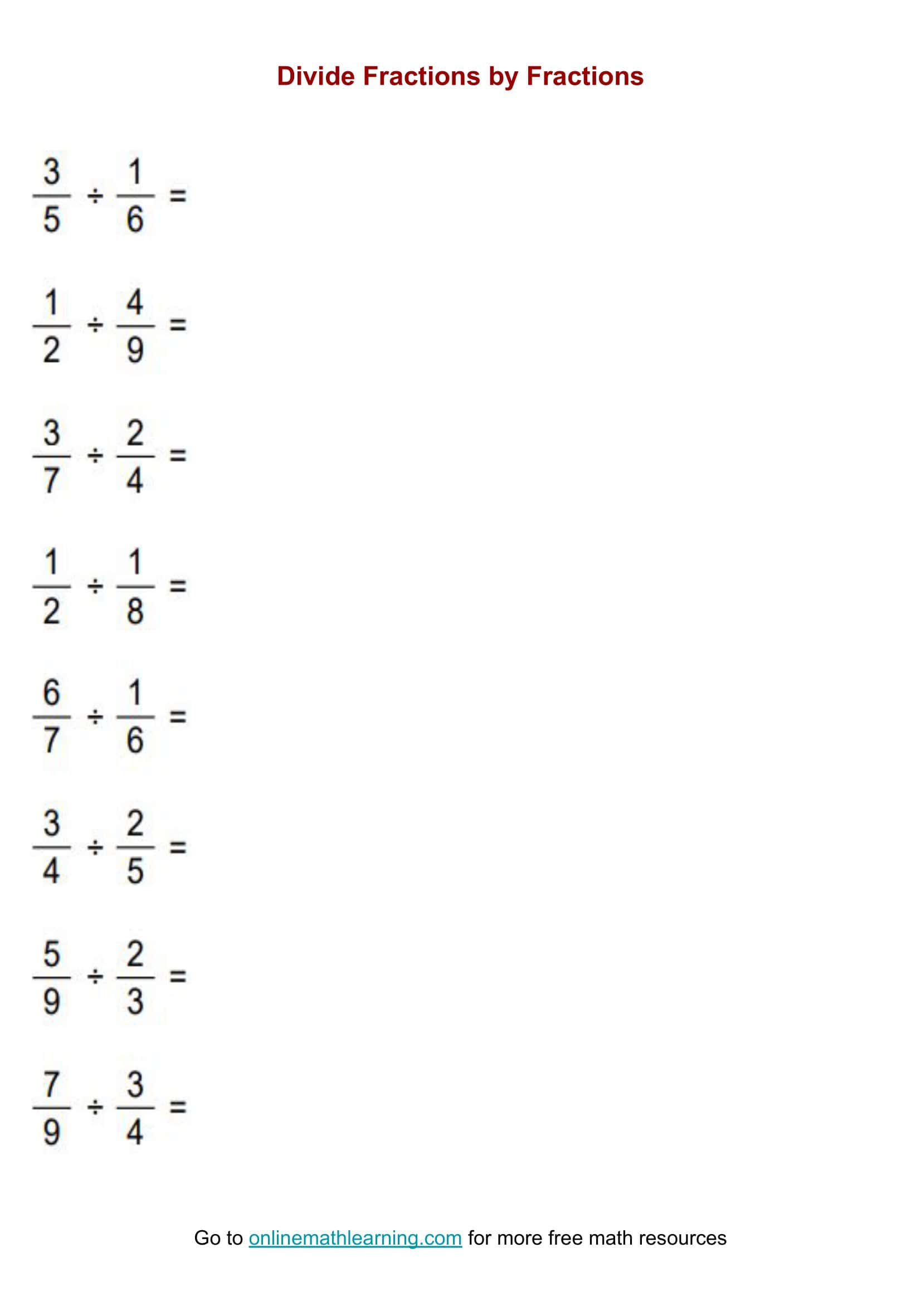 Free Printable Dividing Fractions Worksheet [PDF] With Answers