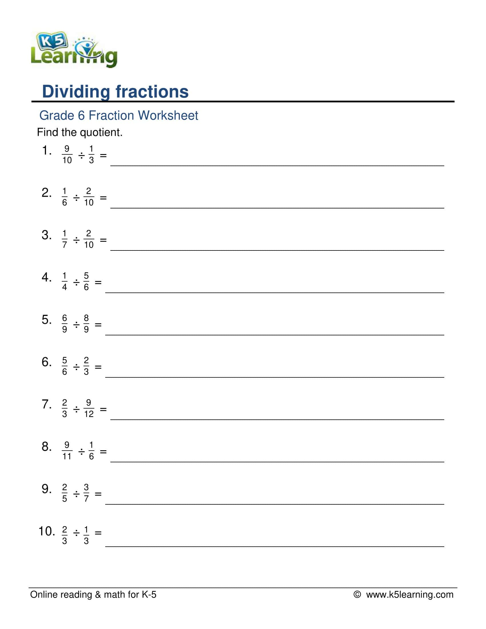 Free Printable Dividing Fractions Worksheet [PDF] With Answers