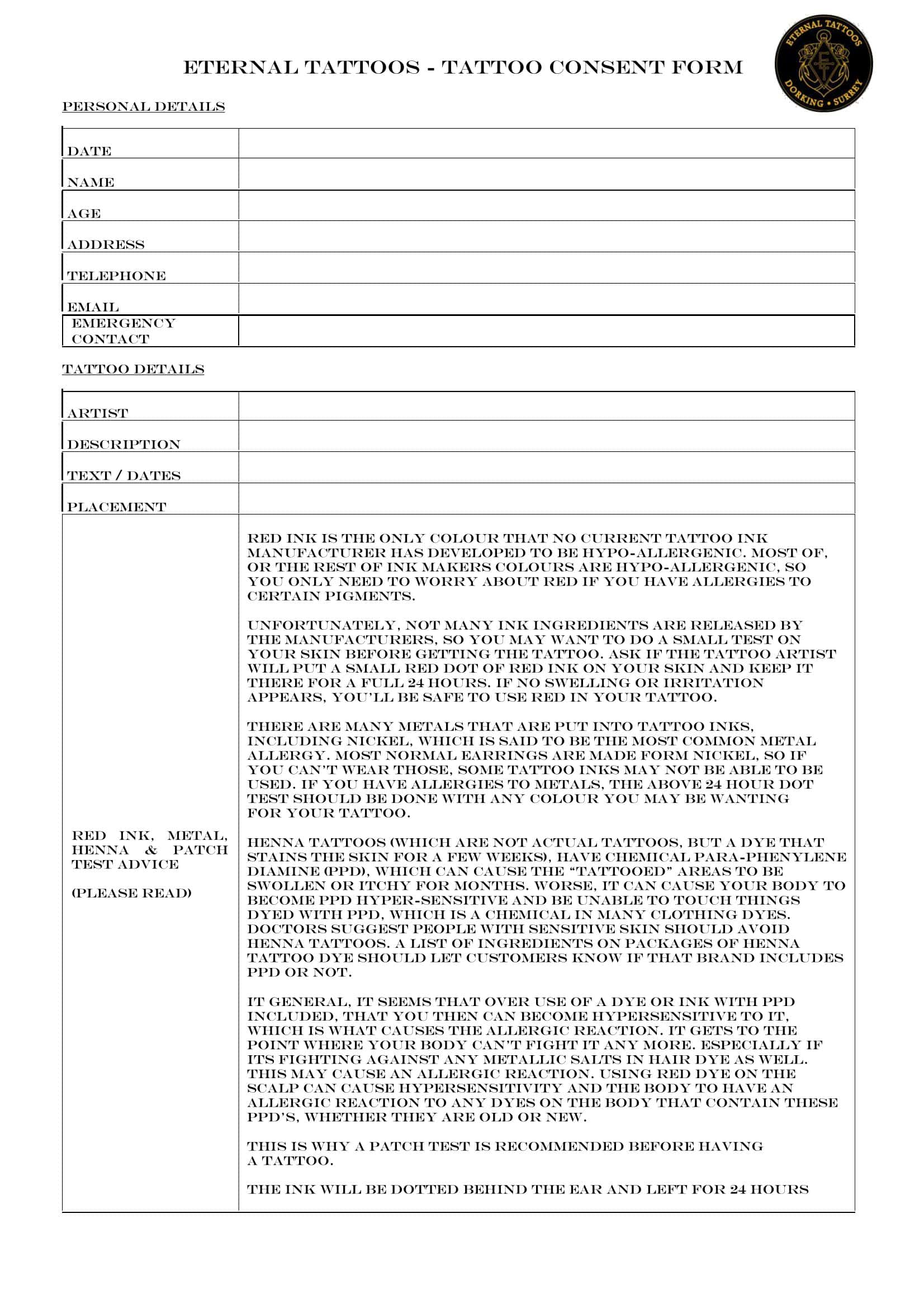 Free Printable Tattoo Consent Form Templates PDF Example Free Printable Tattoo Consent Form Templates PDF Example