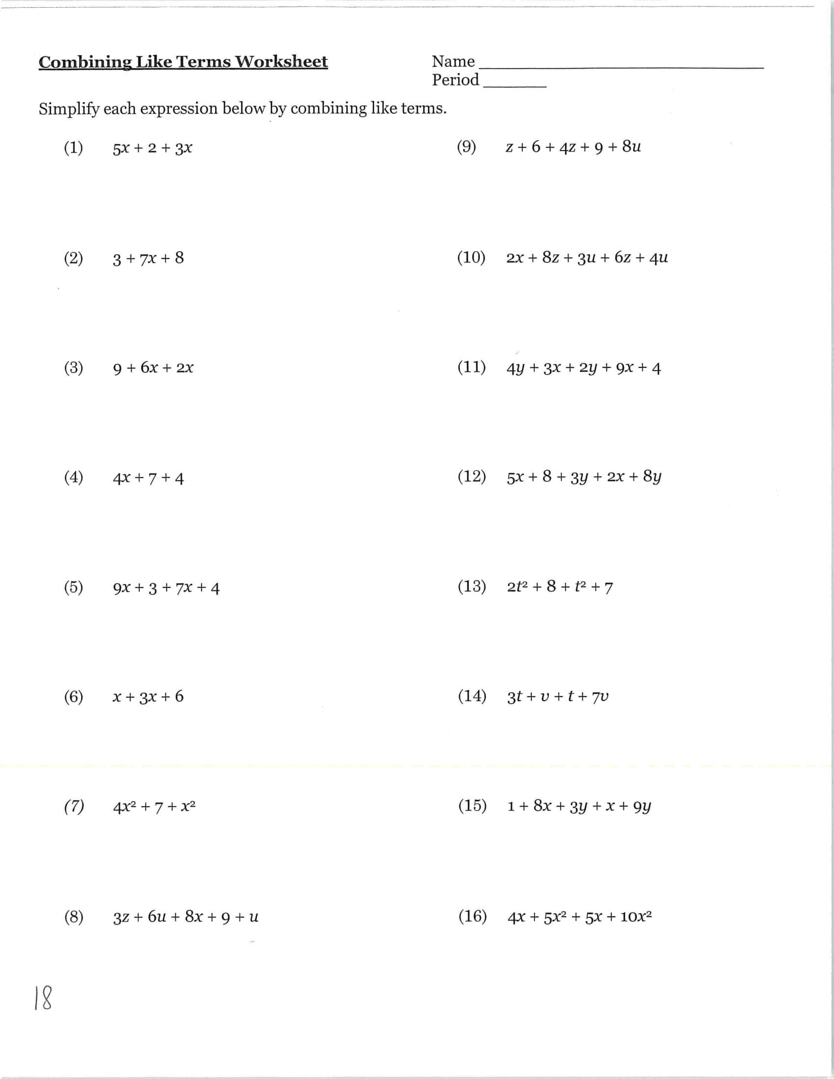 Combining Like Terms Worksheet Free Printable