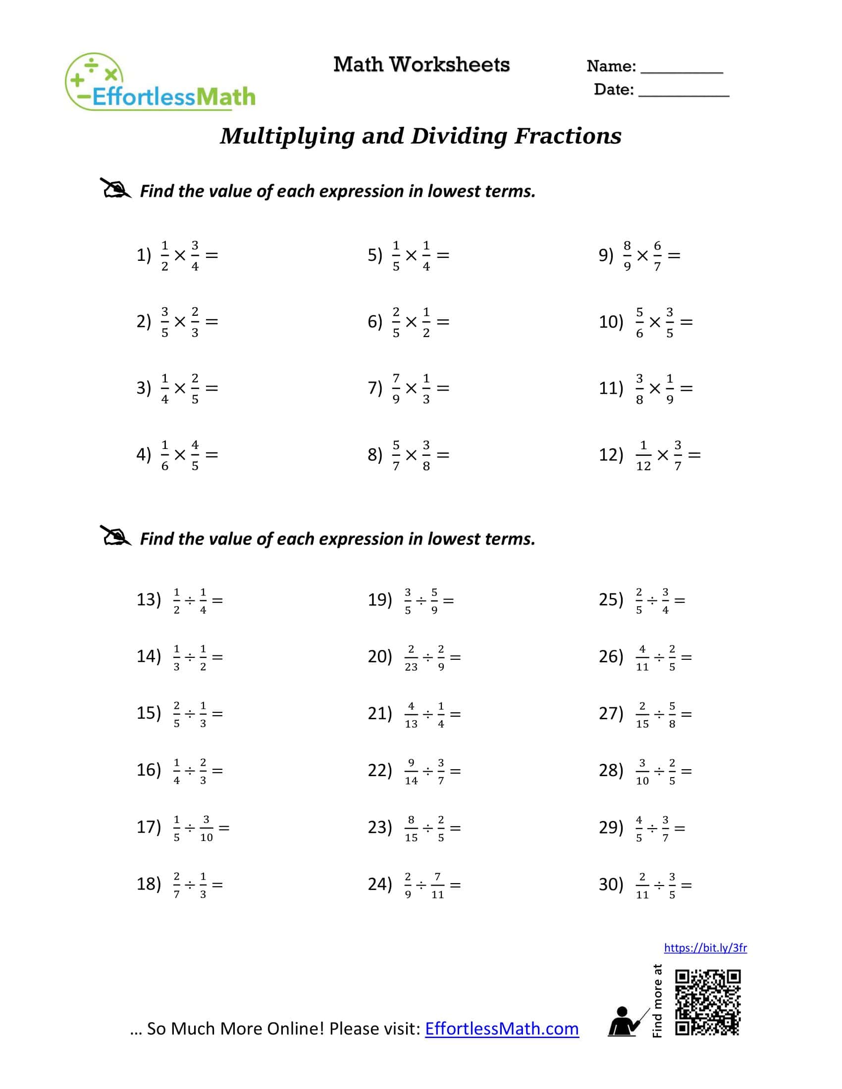 Free Printable Dividing Fractions Worksheet [PDF] With Answers