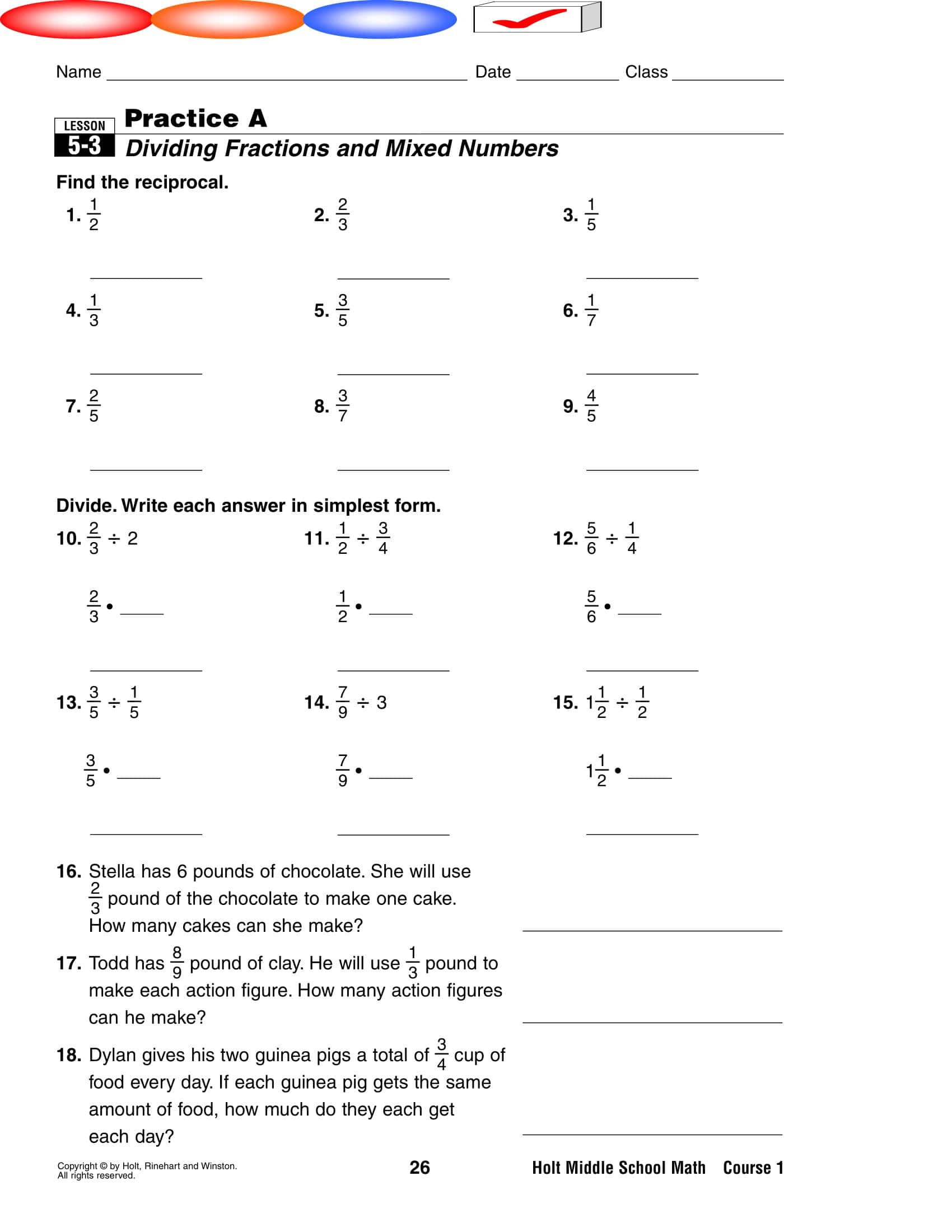 Free Printable Dividing Fractions Worksheet [PDF] With Answers