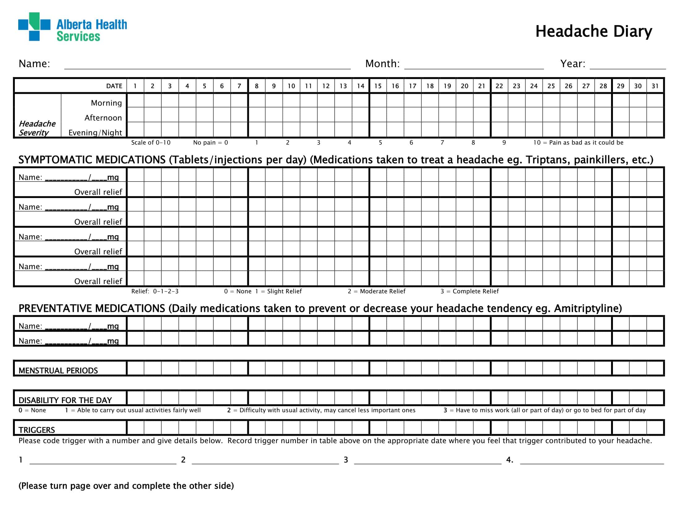 45 Free Printable Headache Diary Templates PDF Excel 45 Free Printable Headache Diary Templates PDF Excel