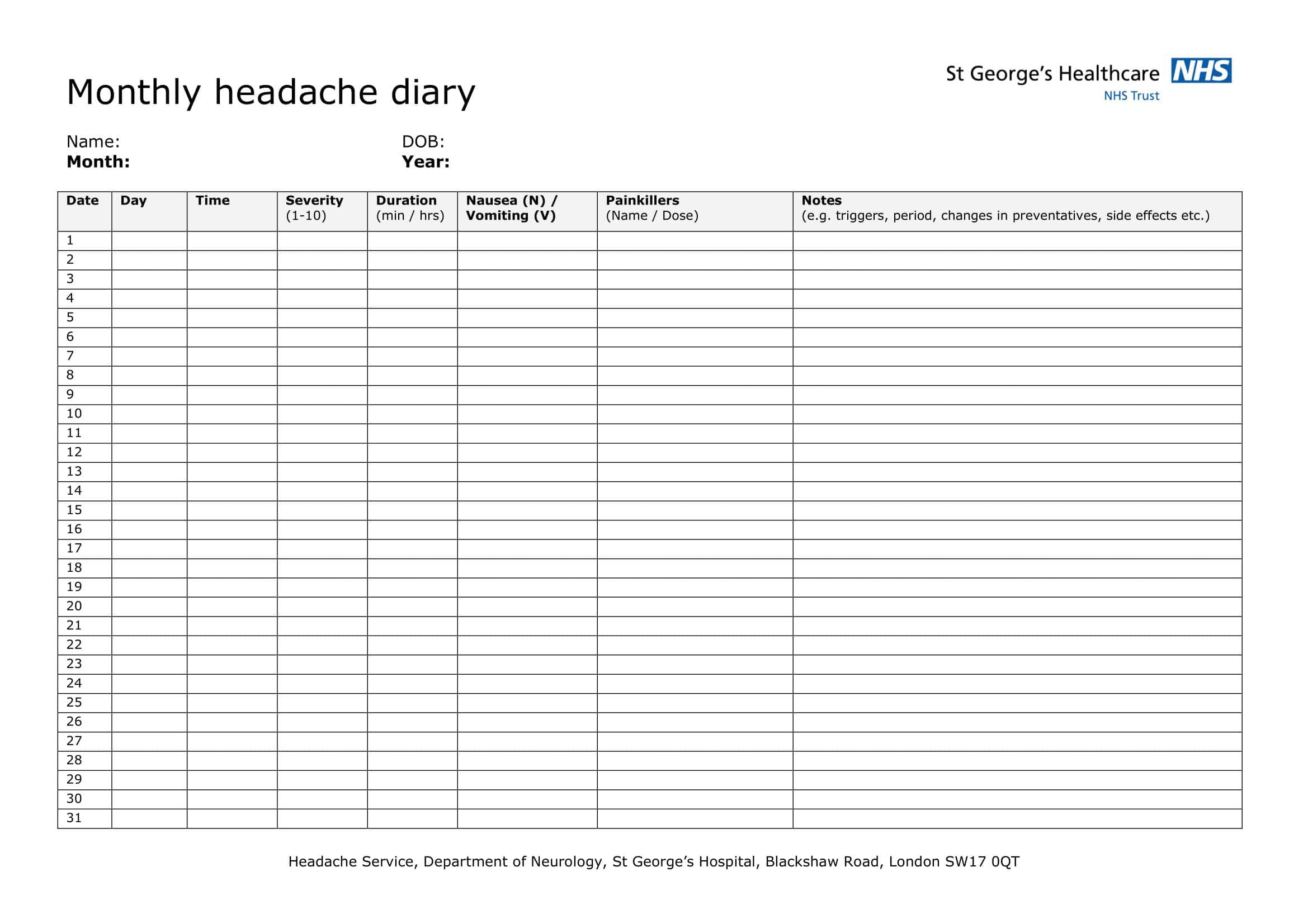Headache Tracker Template Prntbl concejomunicipaldechinu gov co
