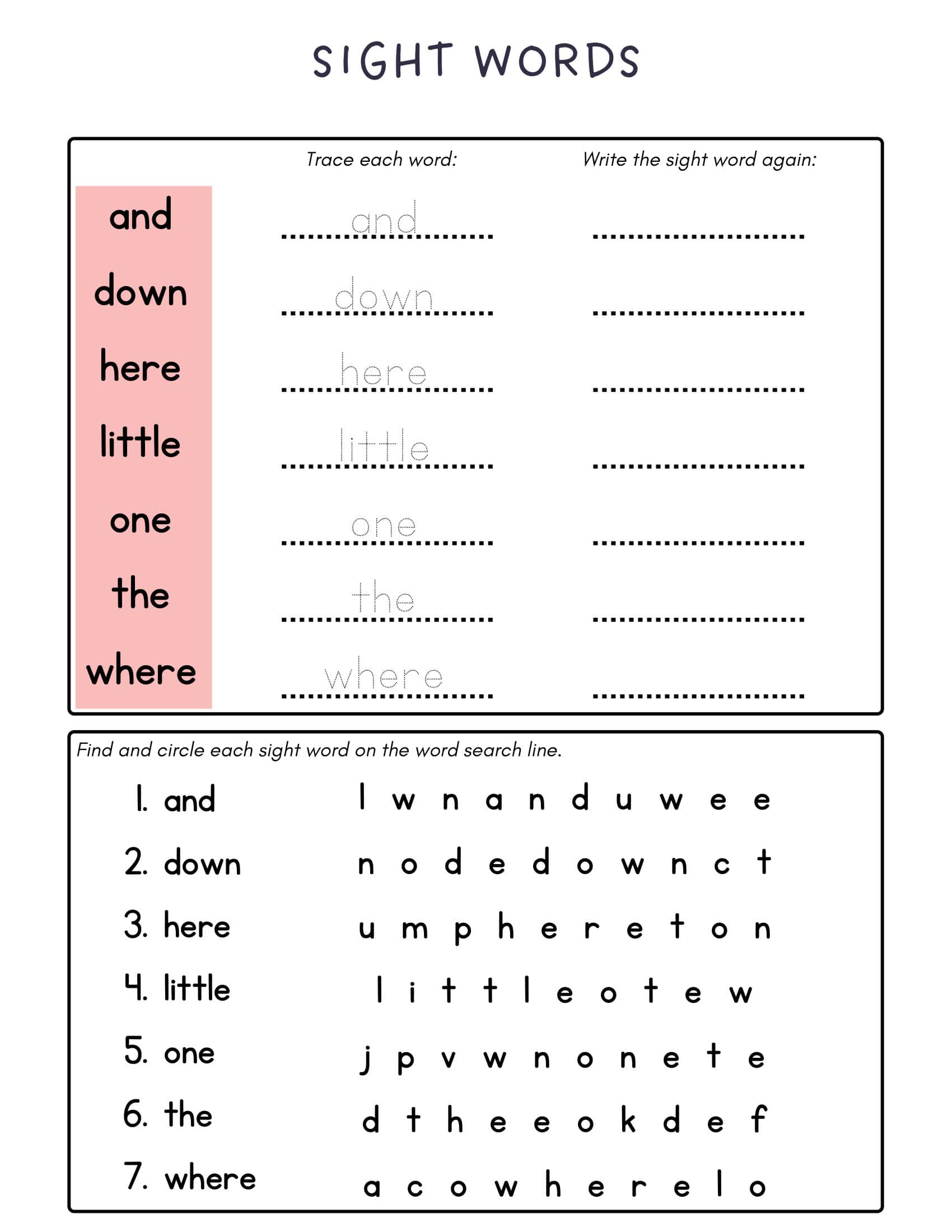 Free Printable Sight Words Worksheets [PDF] Kindergarten