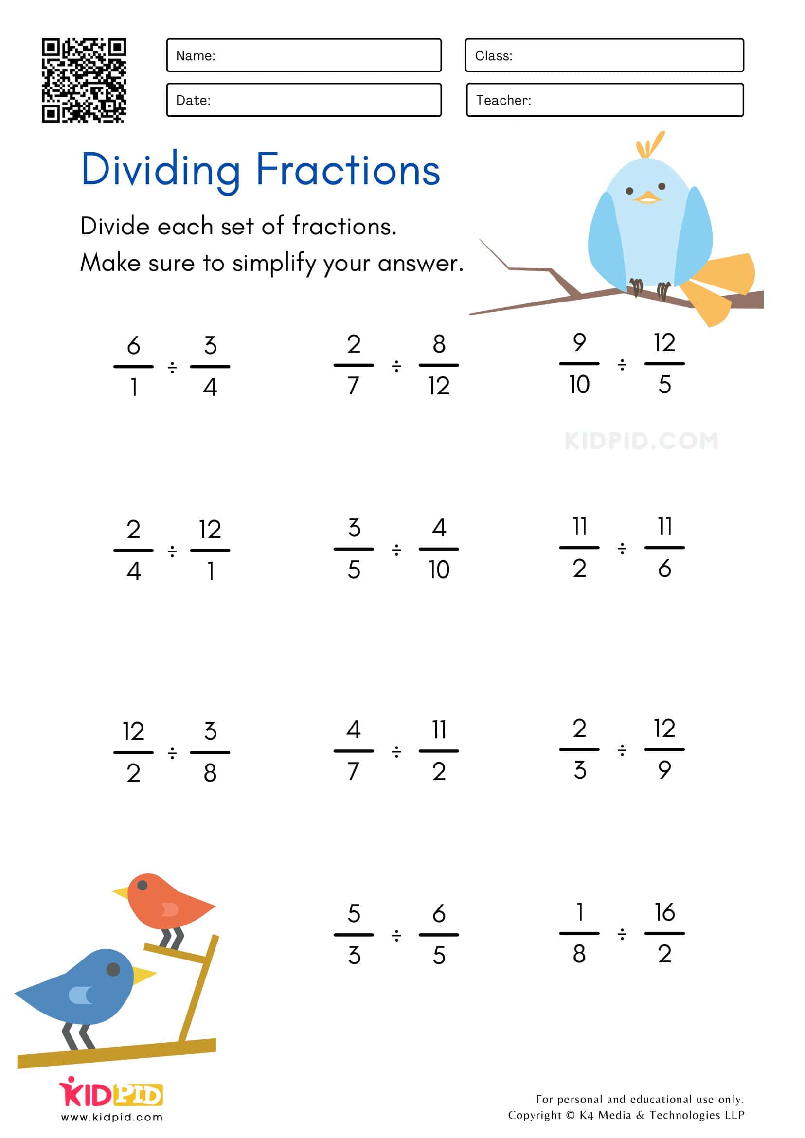 Free Printable Dividing Fractions Worksheet [PDF] With Answers
