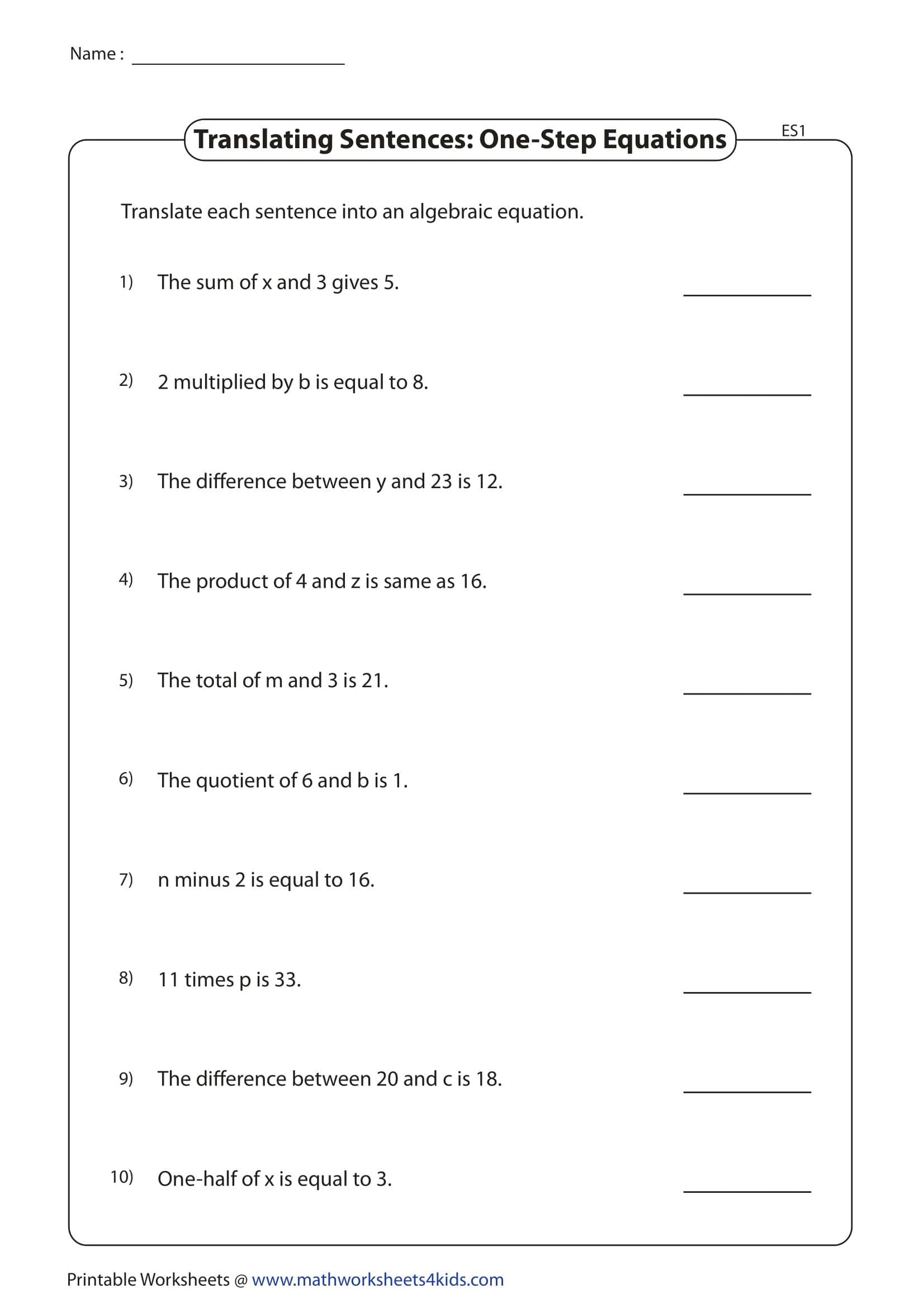 Free Printable One-Step Equation Worksheets [PDF] With Answers
