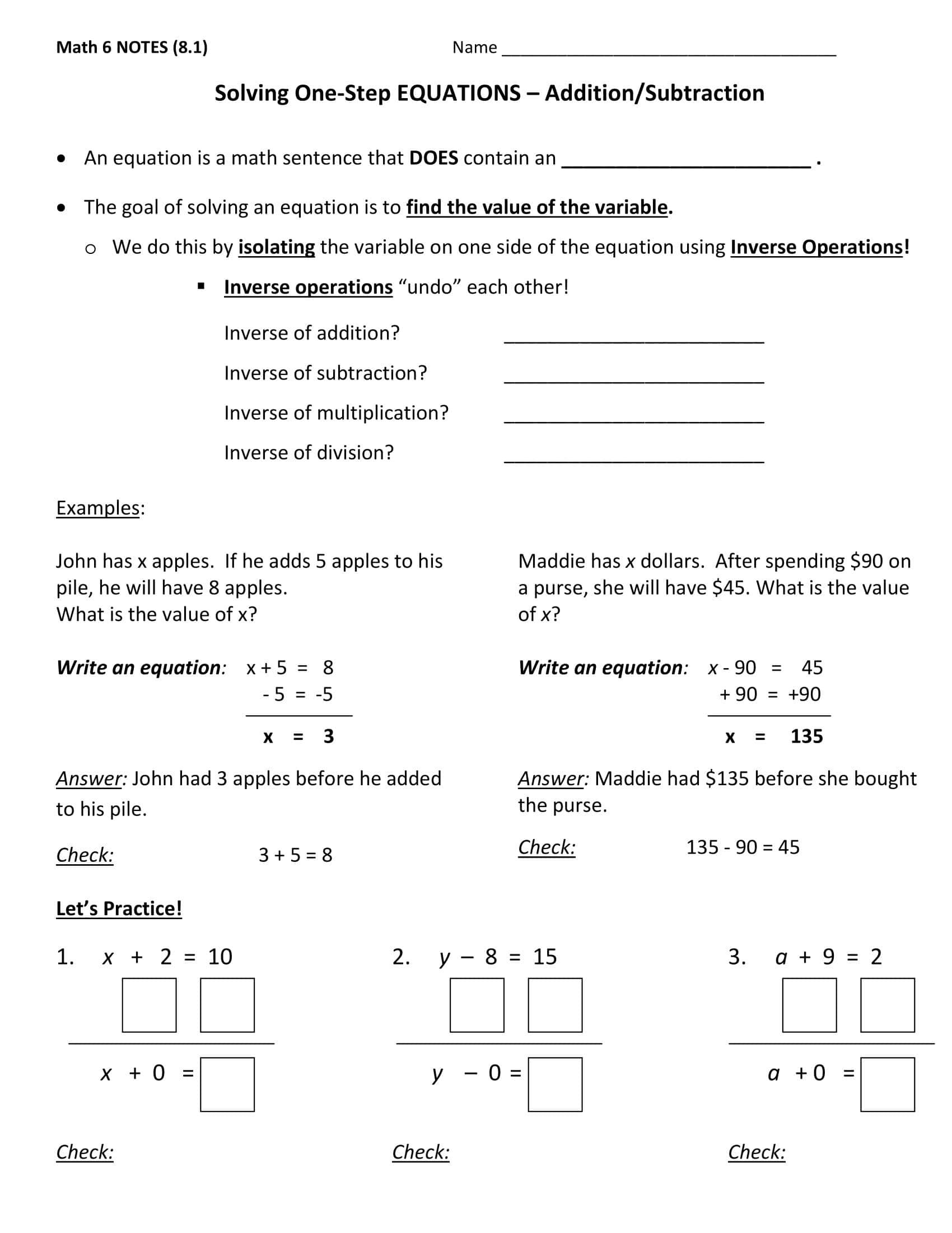 Free Printable One-Step Equation Worksheets [PDF] With Answers