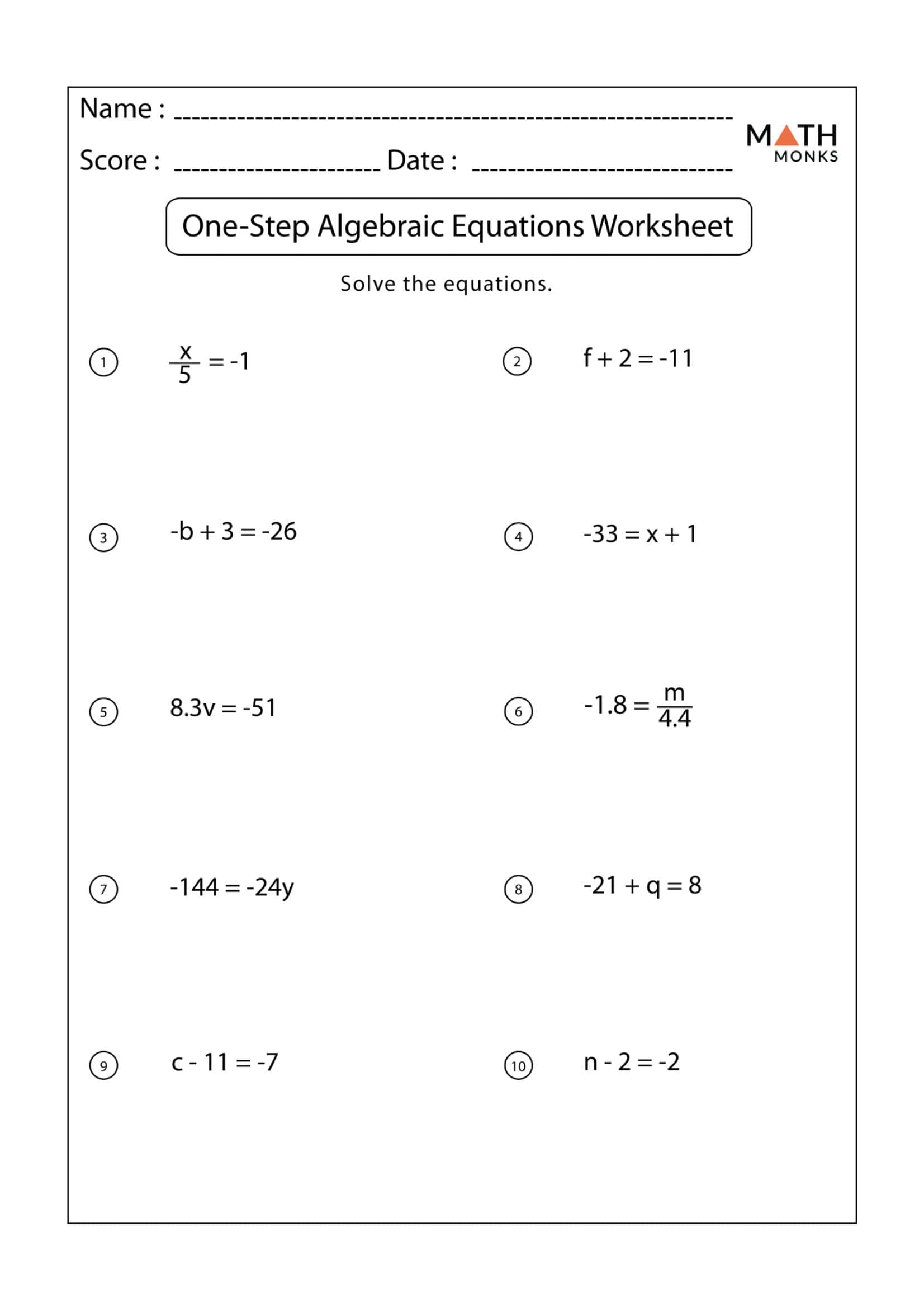 Free Printable One-Step Equation Worksheets [PDF] With Answers