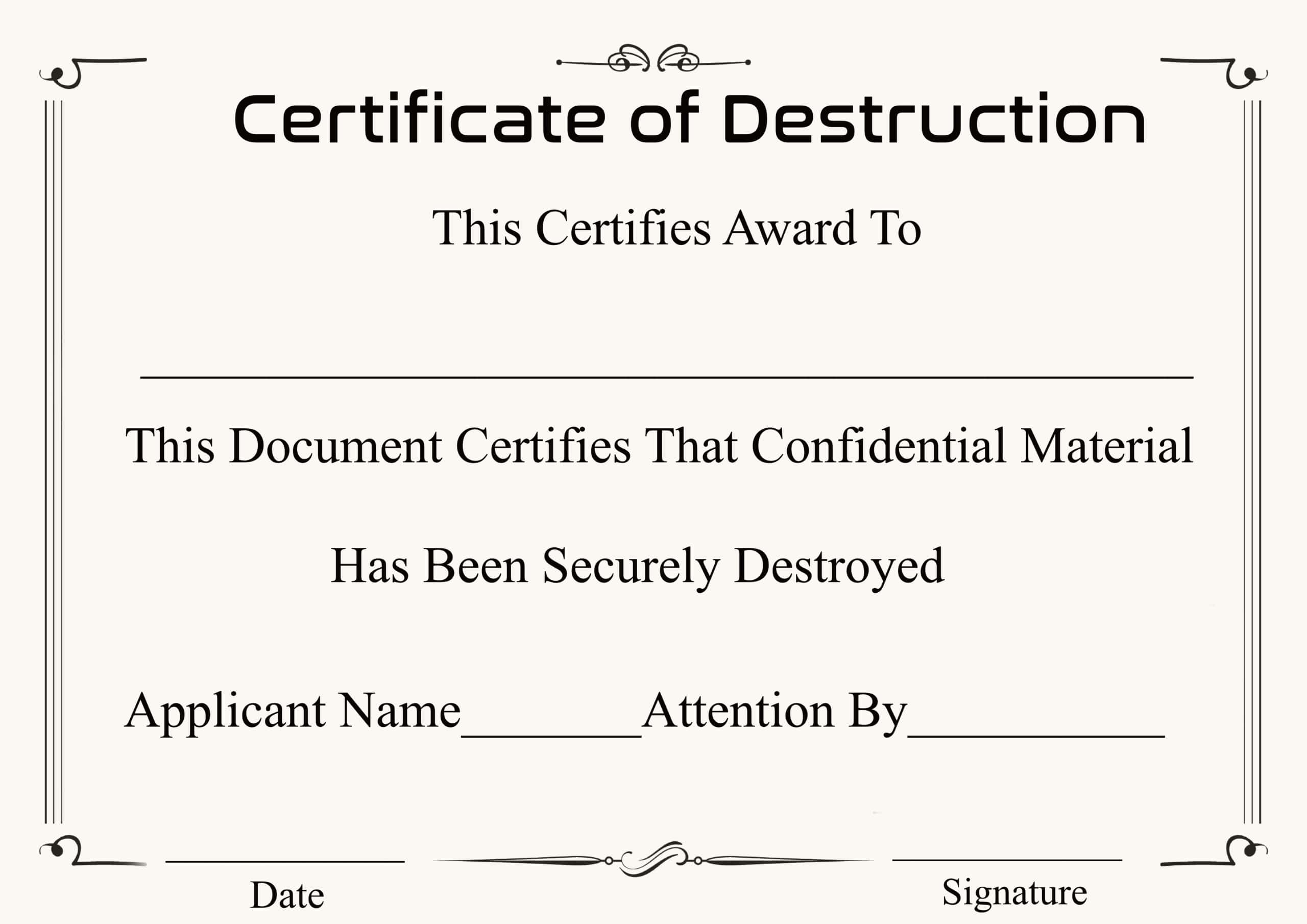 Printable Certificate of Destruction Template Printable Certificate of Destruction Template