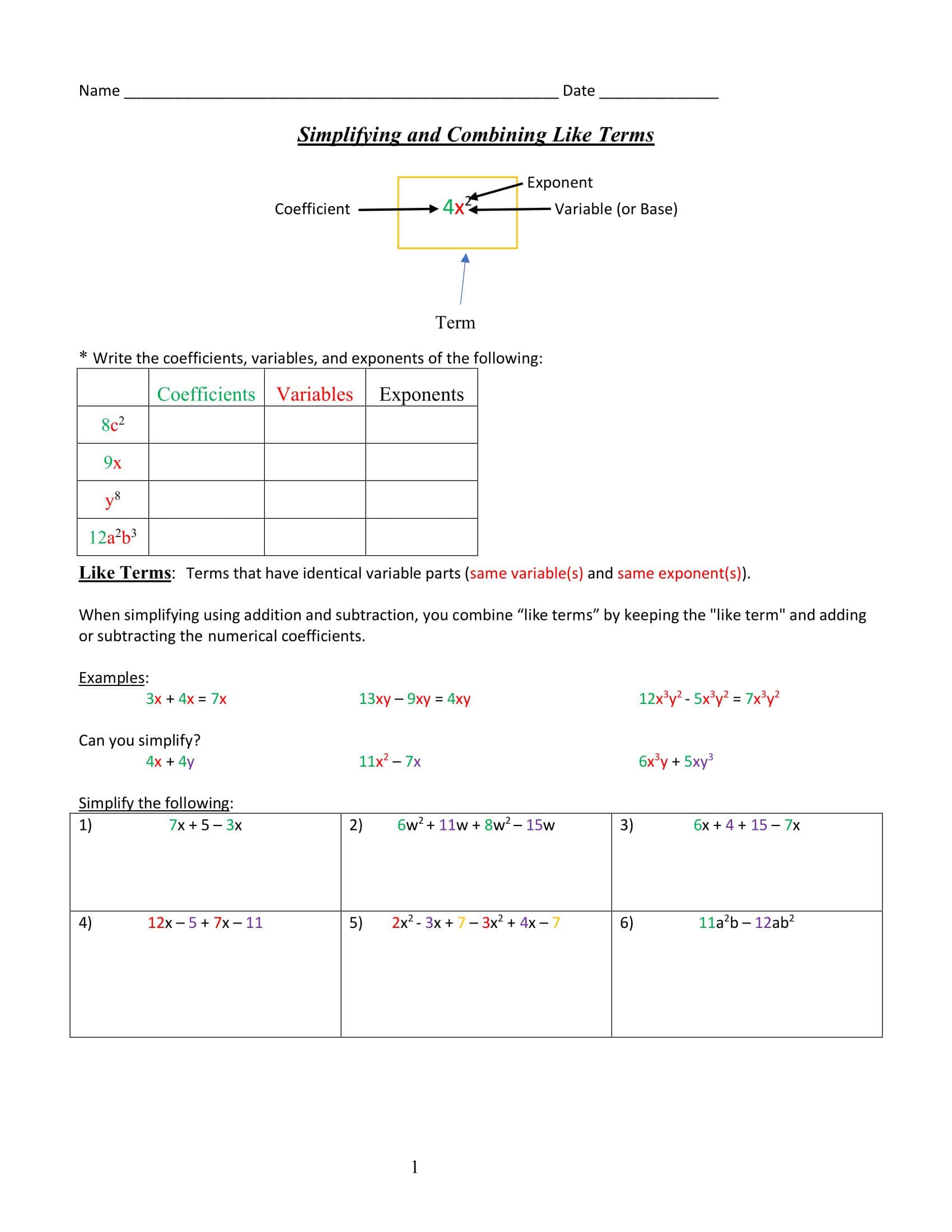 Free Printable Combining Like Terms Worksheets [PDF] Answers