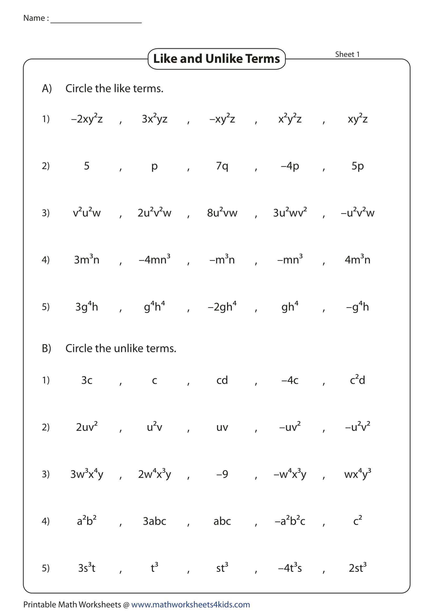 Free Printable Combining Like Terms Worksheets [PDF] Answers