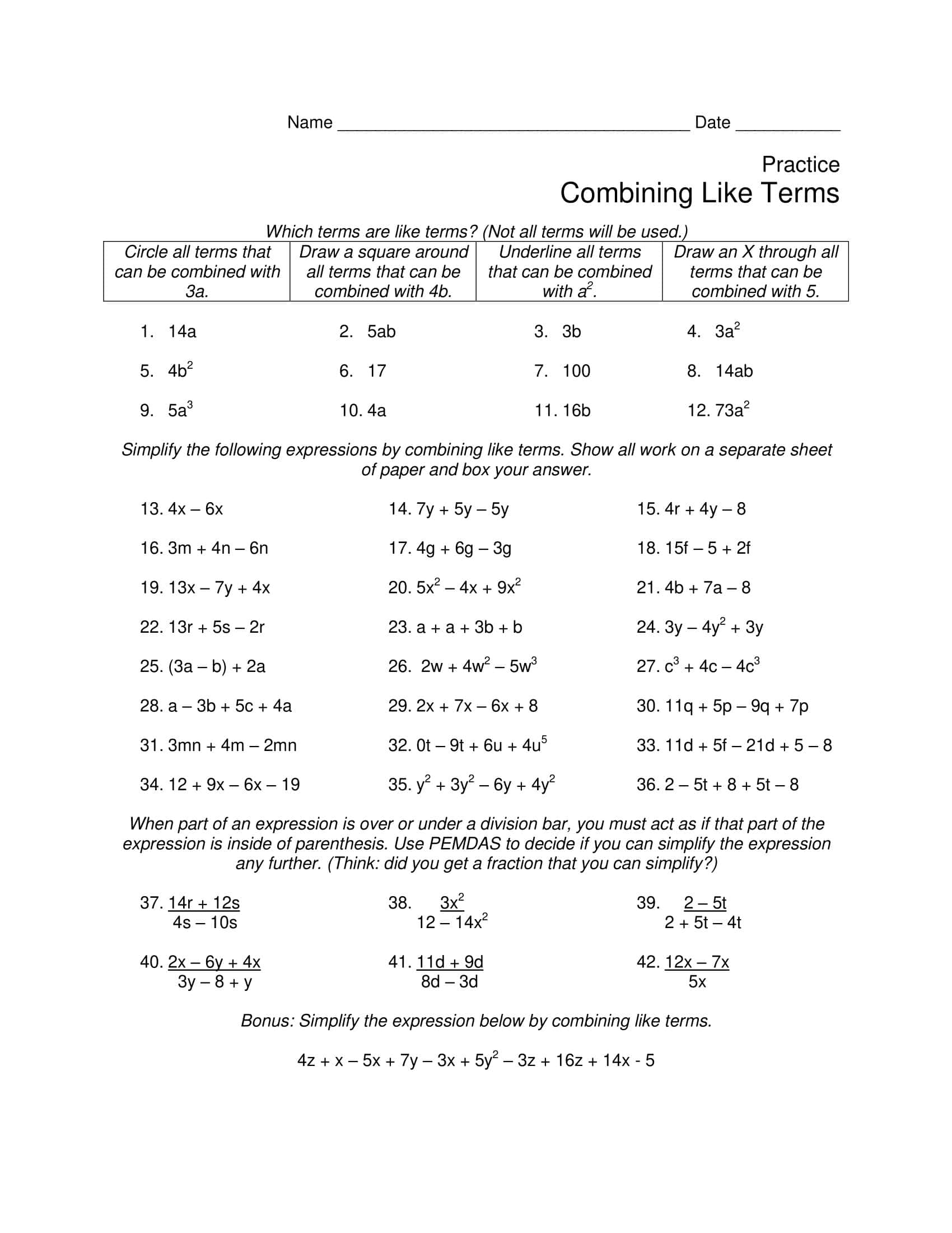 Free Printable Combining Like Terms Worksheets [PDF] Answers
