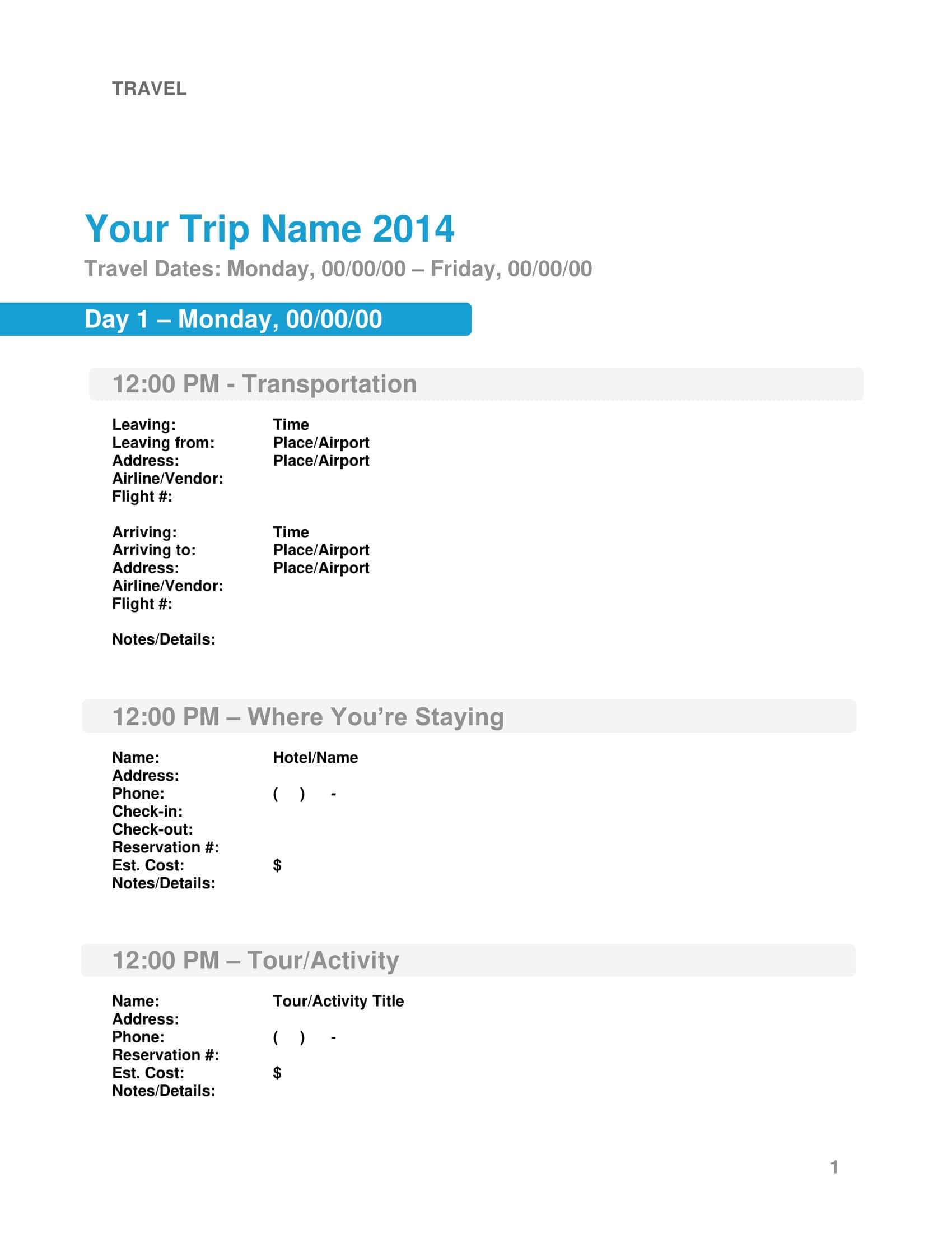 Printable Travel Itinerary PDF Printable Travel Itinerary PDF
