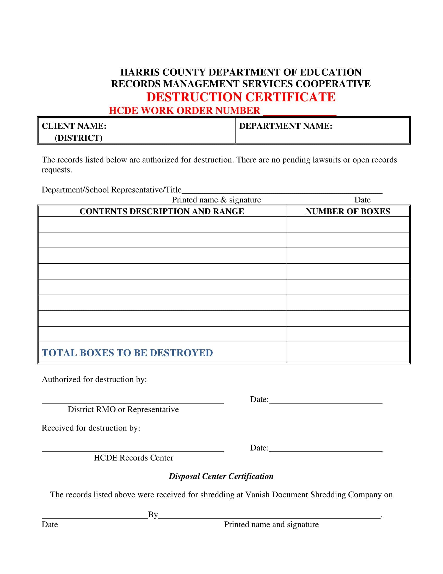 Sample Certificate of Destruction PDF Sample Certificate of Destruction PDF