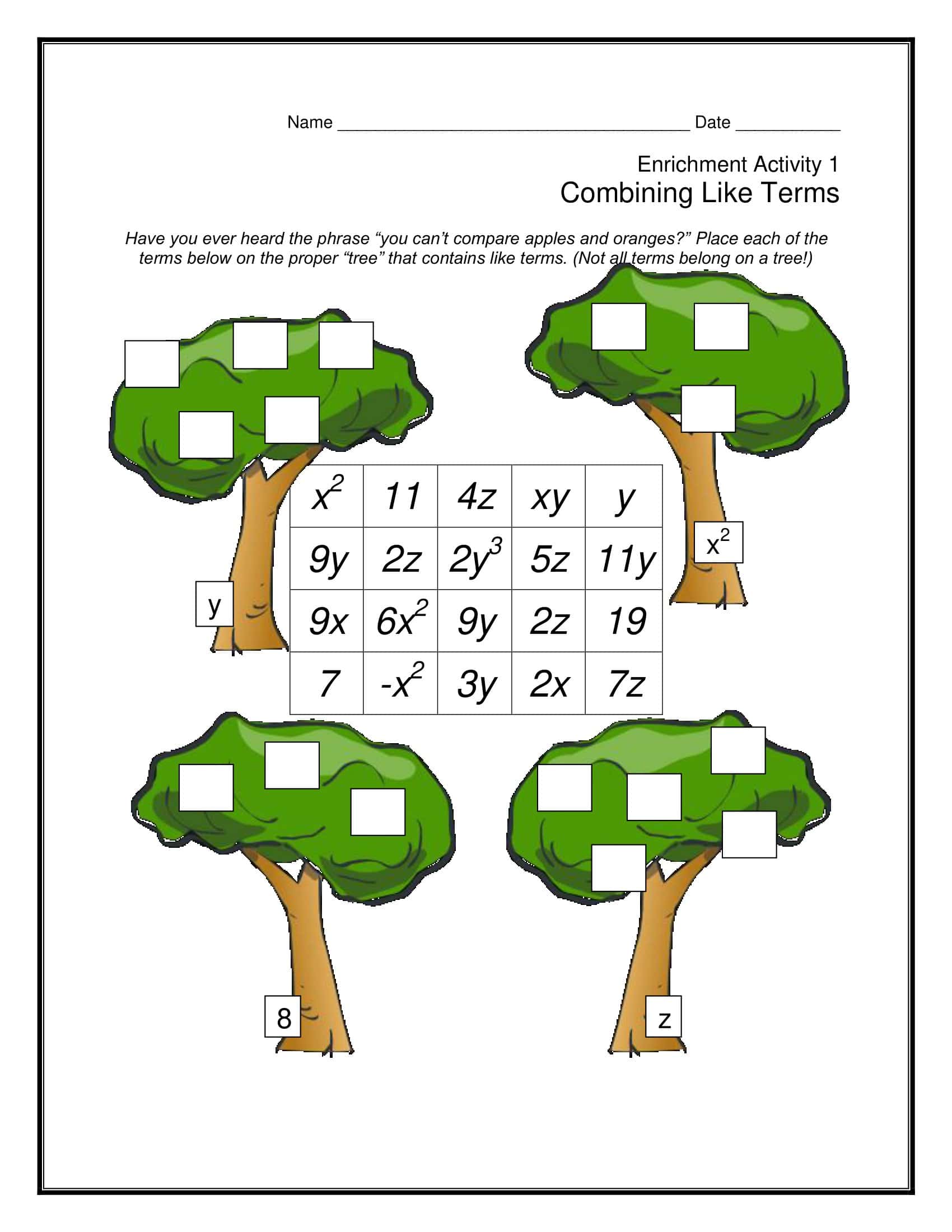 Free Printable Combining Like Terms Worksheets [PDF] Answers