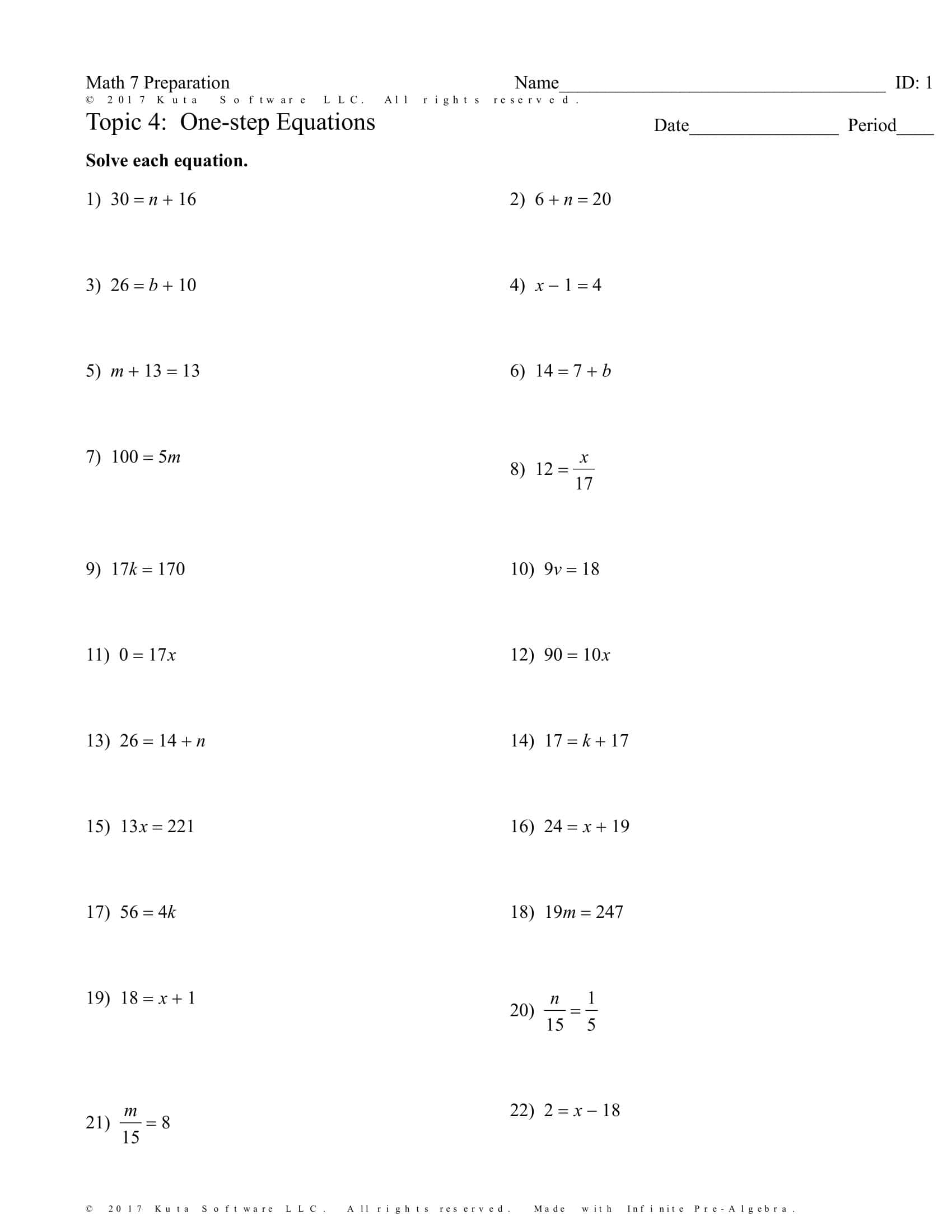 Free printable one step equation worksheets pdf with answers