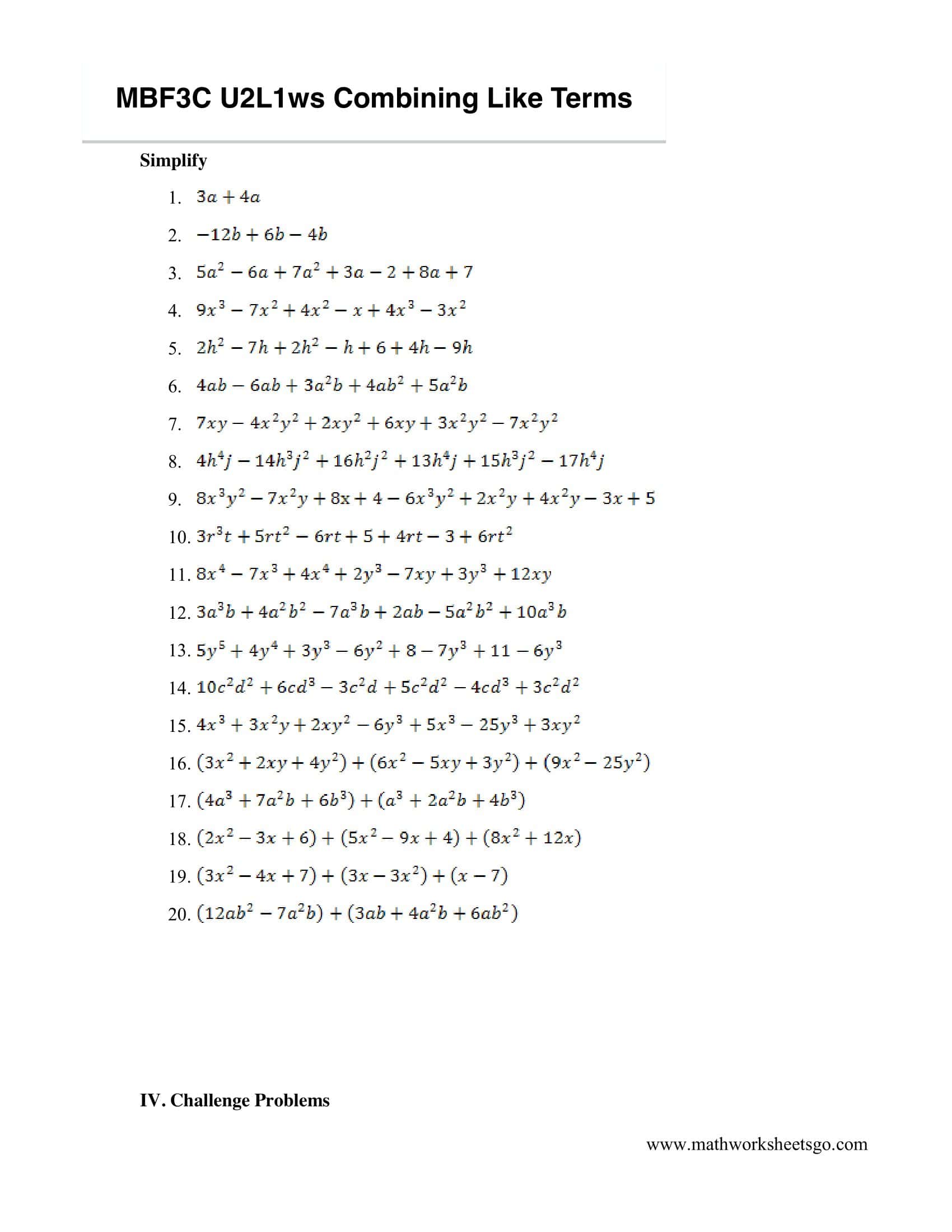Free Printable Combining Like Terms Worksheets [PDF] Answers