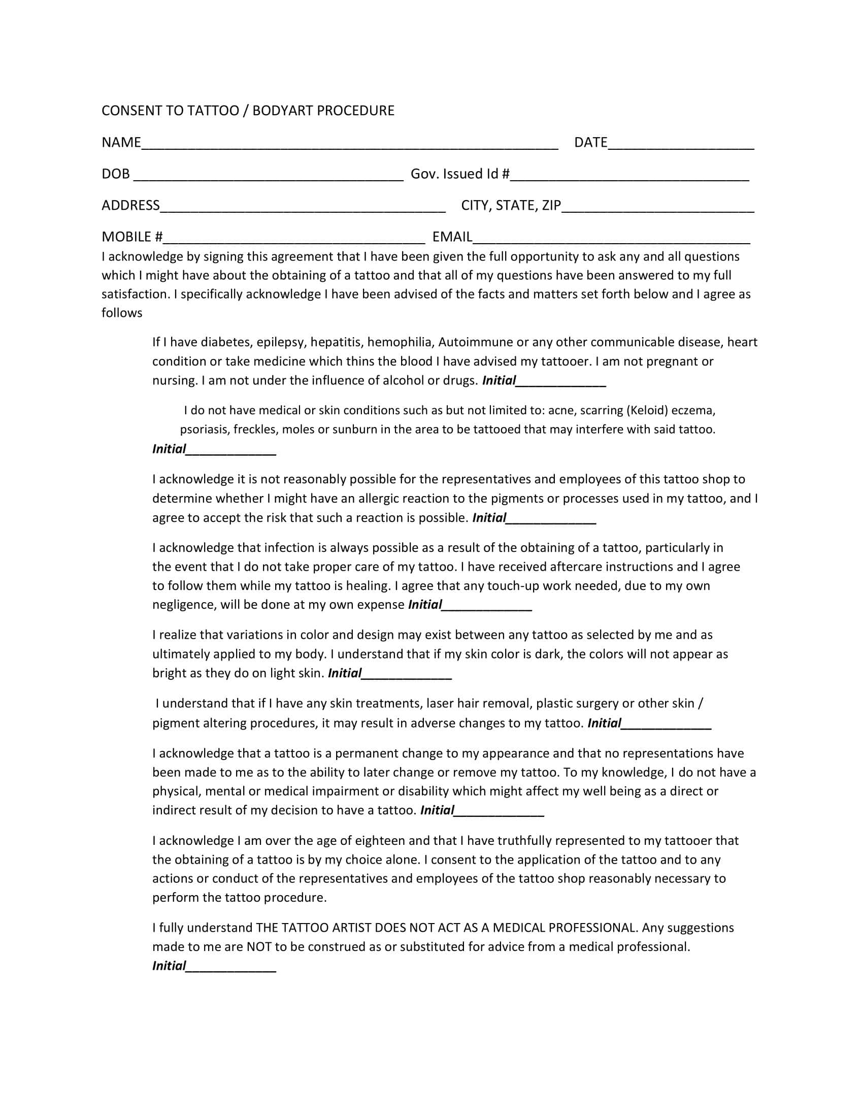 Free Printable Tattoo Consent Form Templates PDF Example Free Printable Tattoo Consent Form Templates PDF Example
