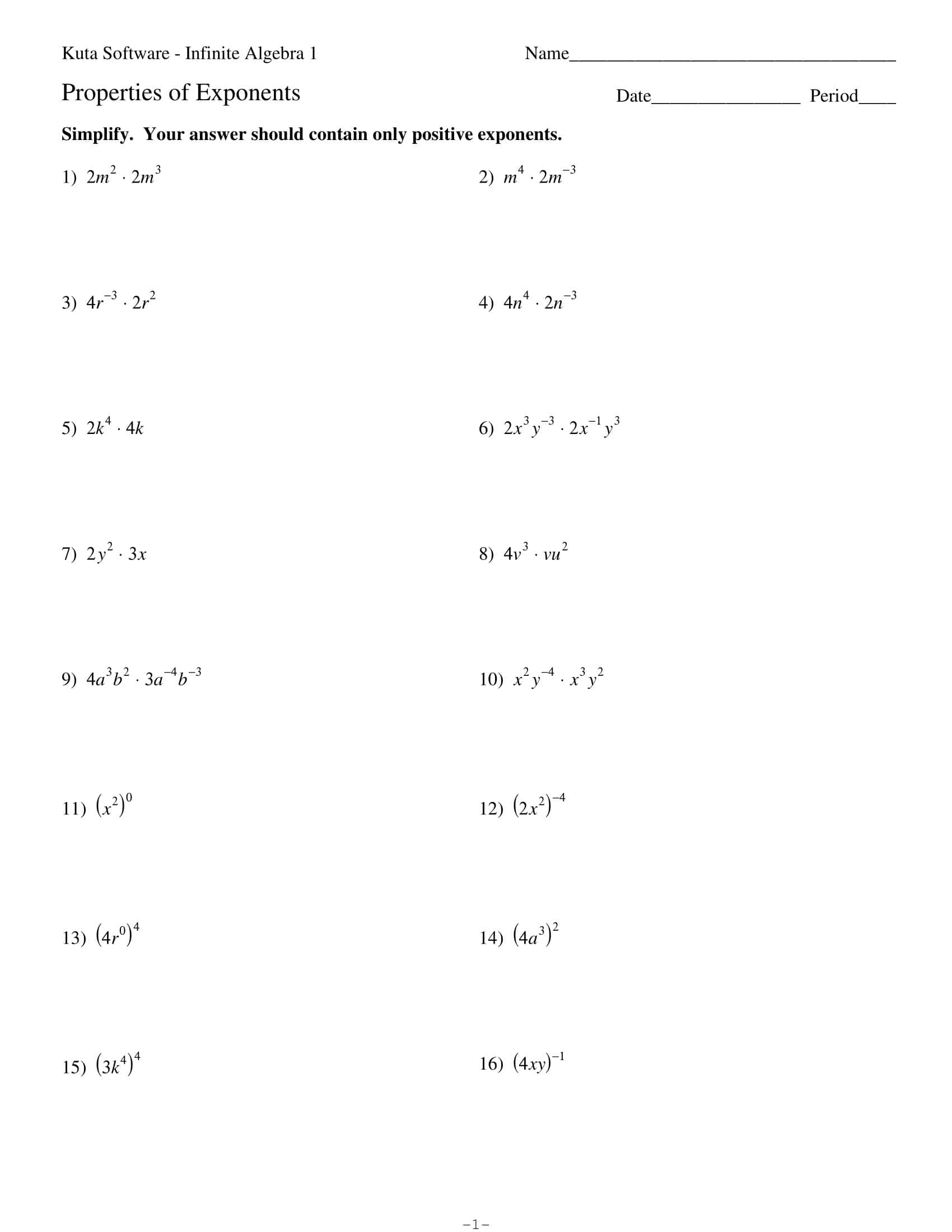 Free Printable Exponent Rules Worksheets [PDF] Answers Grade 1-12